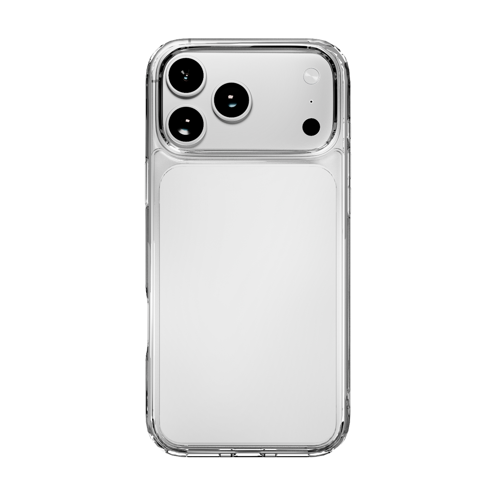 Vista posteriore di uno smartphone con cover protettiva trasparente e tre obiettivi.