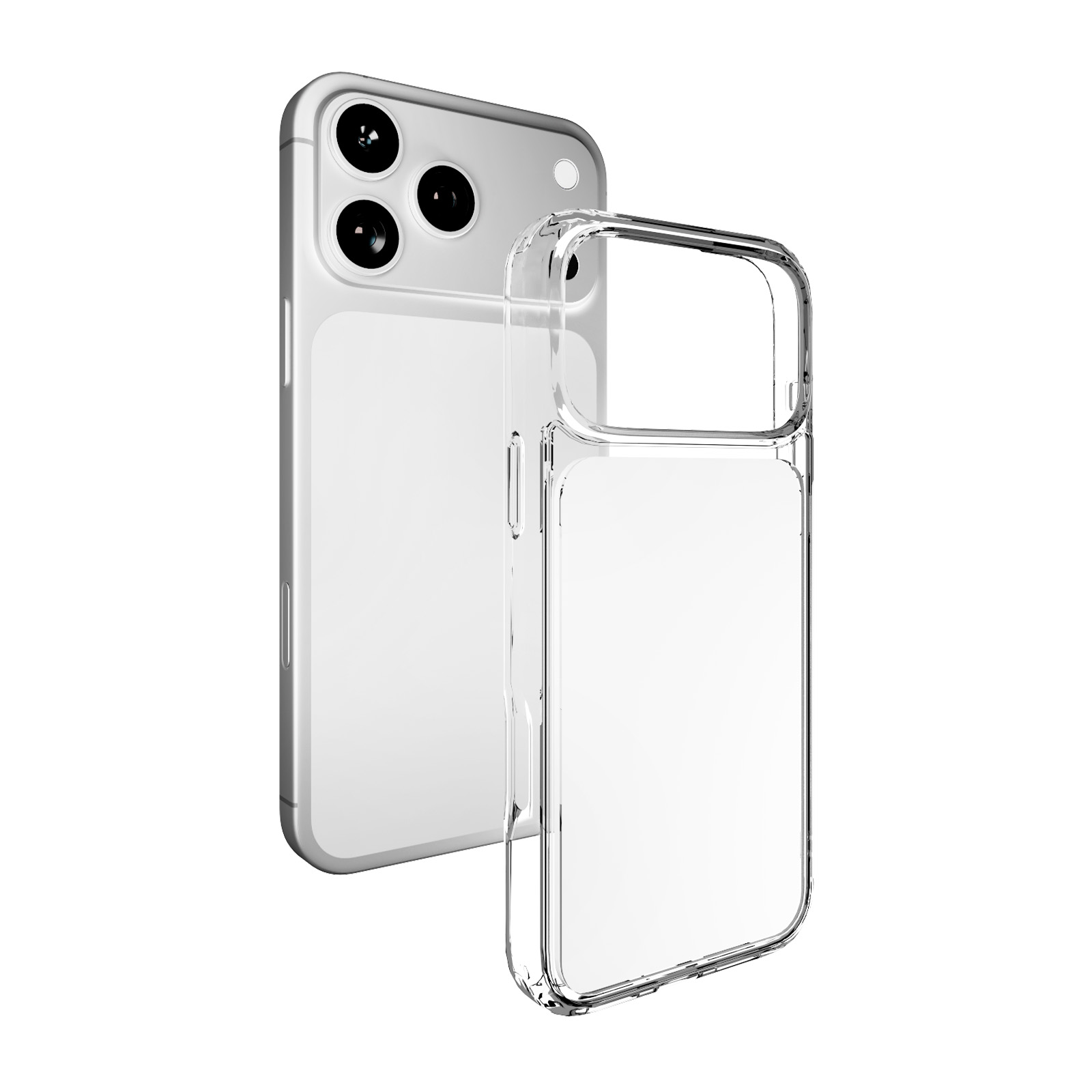 Uno smartphone argento si trova in piedi dietro una custodia protettiva trasparente su sfondo bianco.