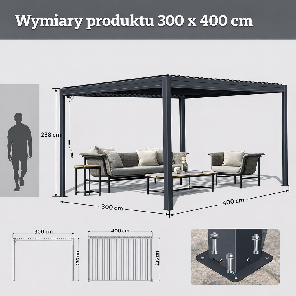 Rysunek techniczny pergoli 300x400 cm z meblami, wymiarami i detalami kotwienia.