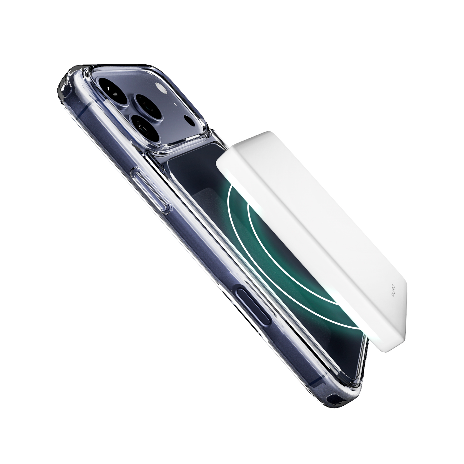 Uno smartphone in custodia trasparente si ricarica senza fili con un power bank bianco.