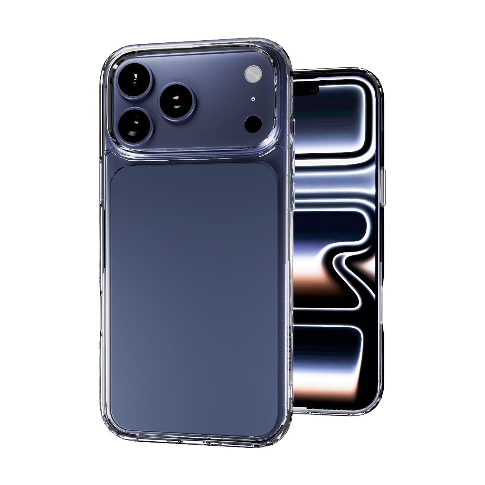 Uno smartphone in custodia protettiva blu con tripla fotocamera. Un secondo smartphone mostra lo schermo.