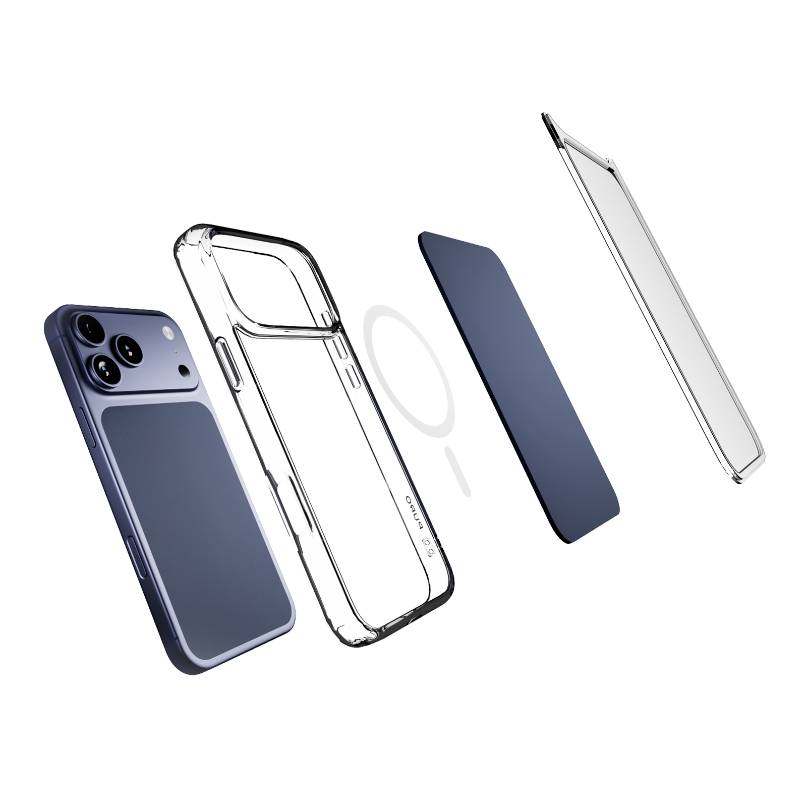 Vista esplosa di uno smartphone blu, una custodia trasparente, una piastra posteriore blu e una pellicola.