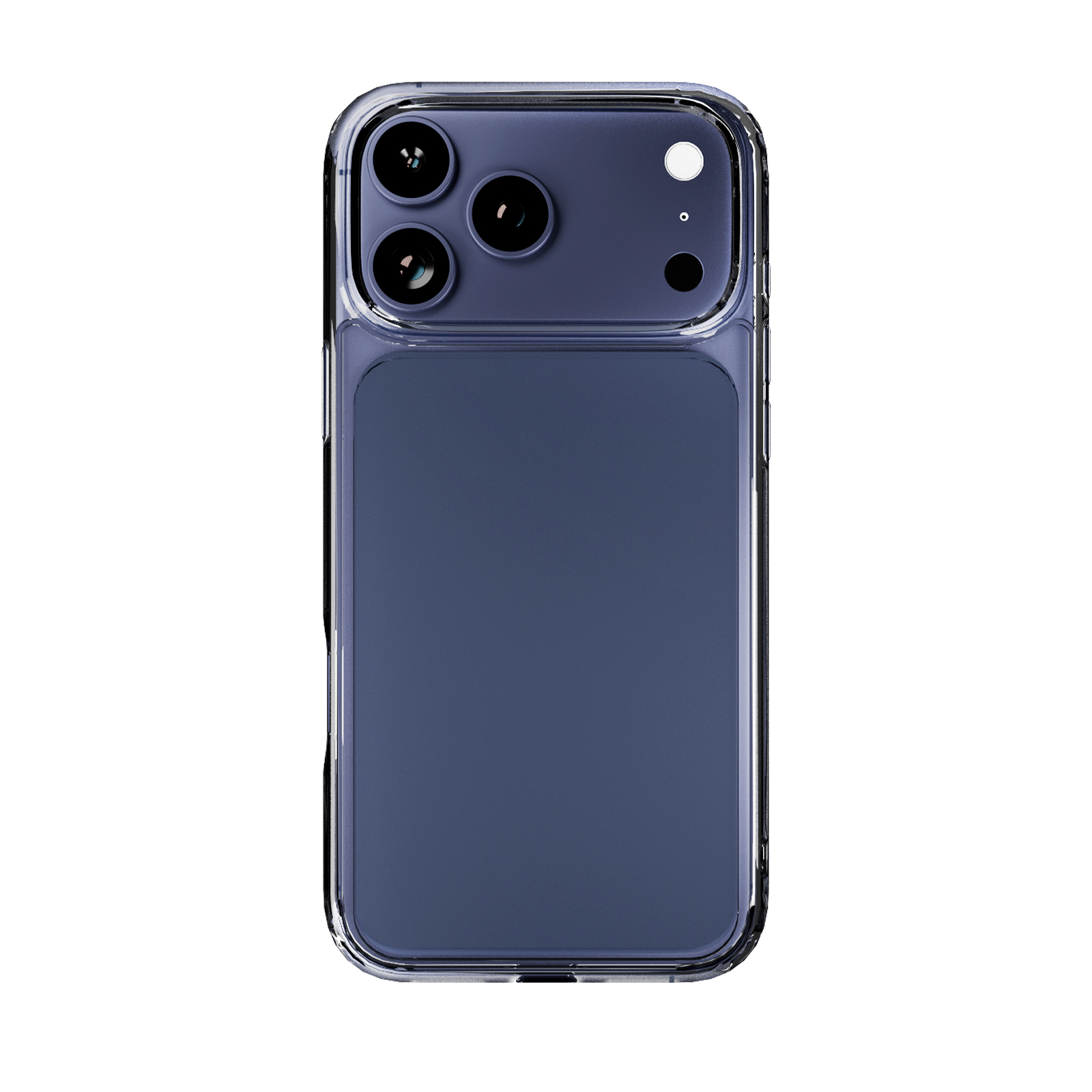 Retro di smartphone blu con tre fotocamere e cover protettiva trasparente su sfondo bianco.