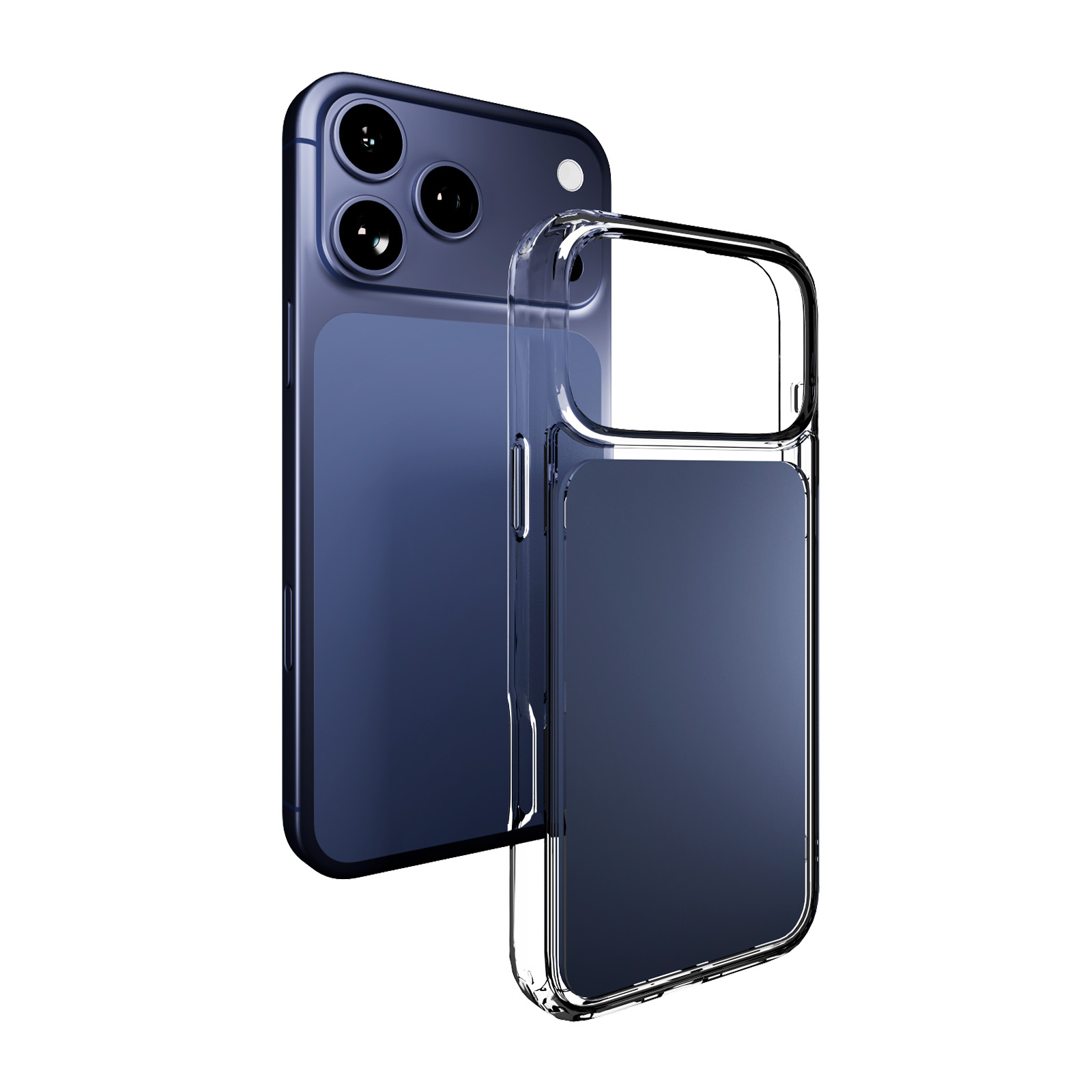 Smartphone blu scuro con tre fotocamere e una custodia protettiva trasparente accanto su sfondo bianco.