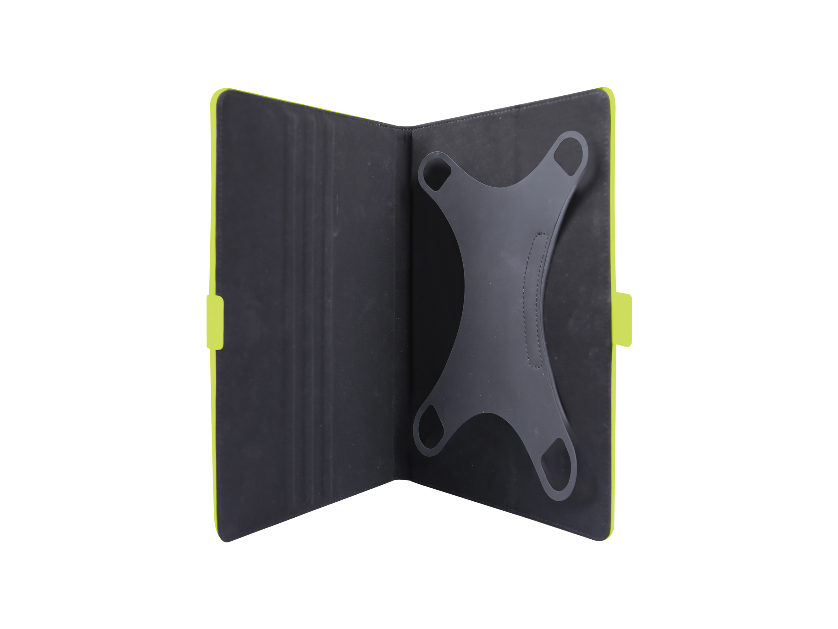 Una funda para tablet verde lima abierto con interior negro y soporte gris en forma de X.