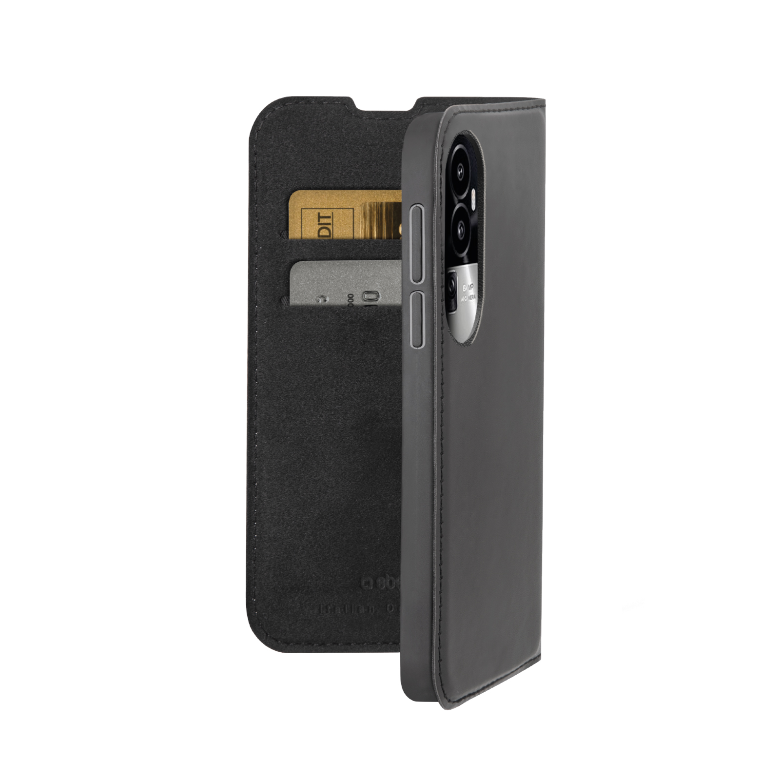 Una funda de piel negra abierta para smartphone con ranuras para tarjetas y cubierta protectora integrada.