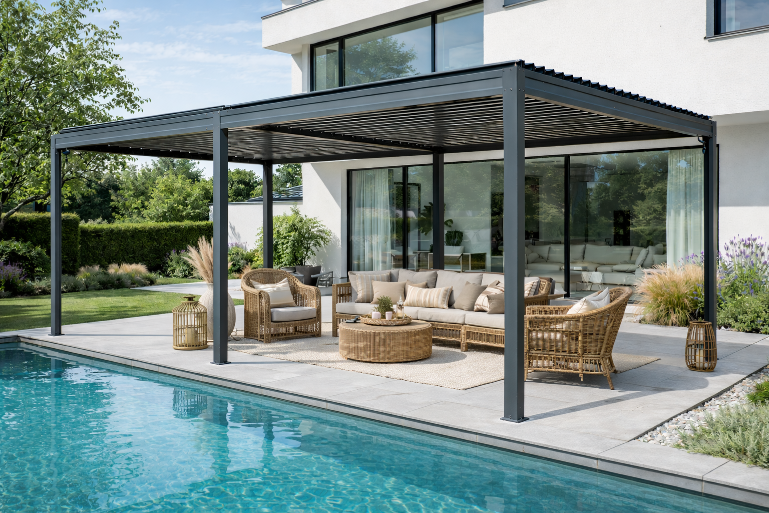 Nowoczesna pergola na tarasie z rattanowymi meblami przy basenie.