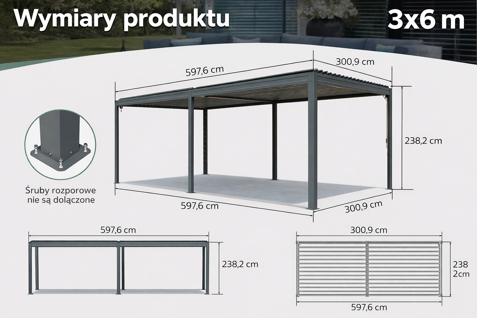 Schemat przedstawiający wymiary szarej pergoli 3x6m z widokami z boku i góry.