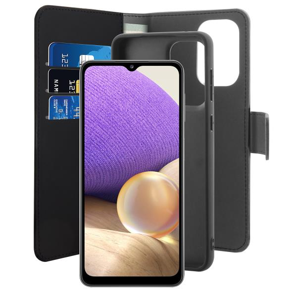 Custodia a portafoglio nera con tasche per carte e smartphone davanti.