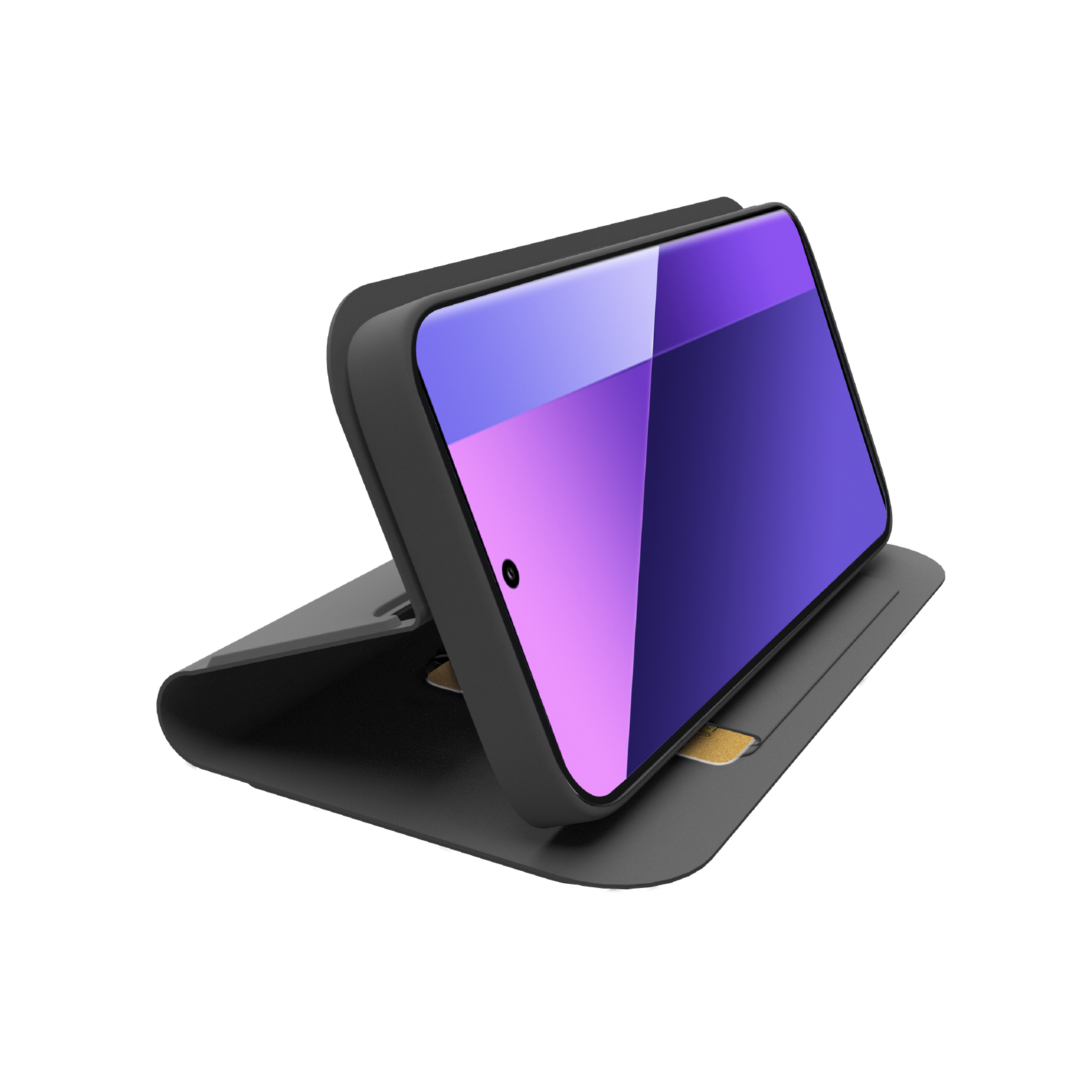 Un smartphone negro en una funda con tarjetero integrado sobre fondo blanco.