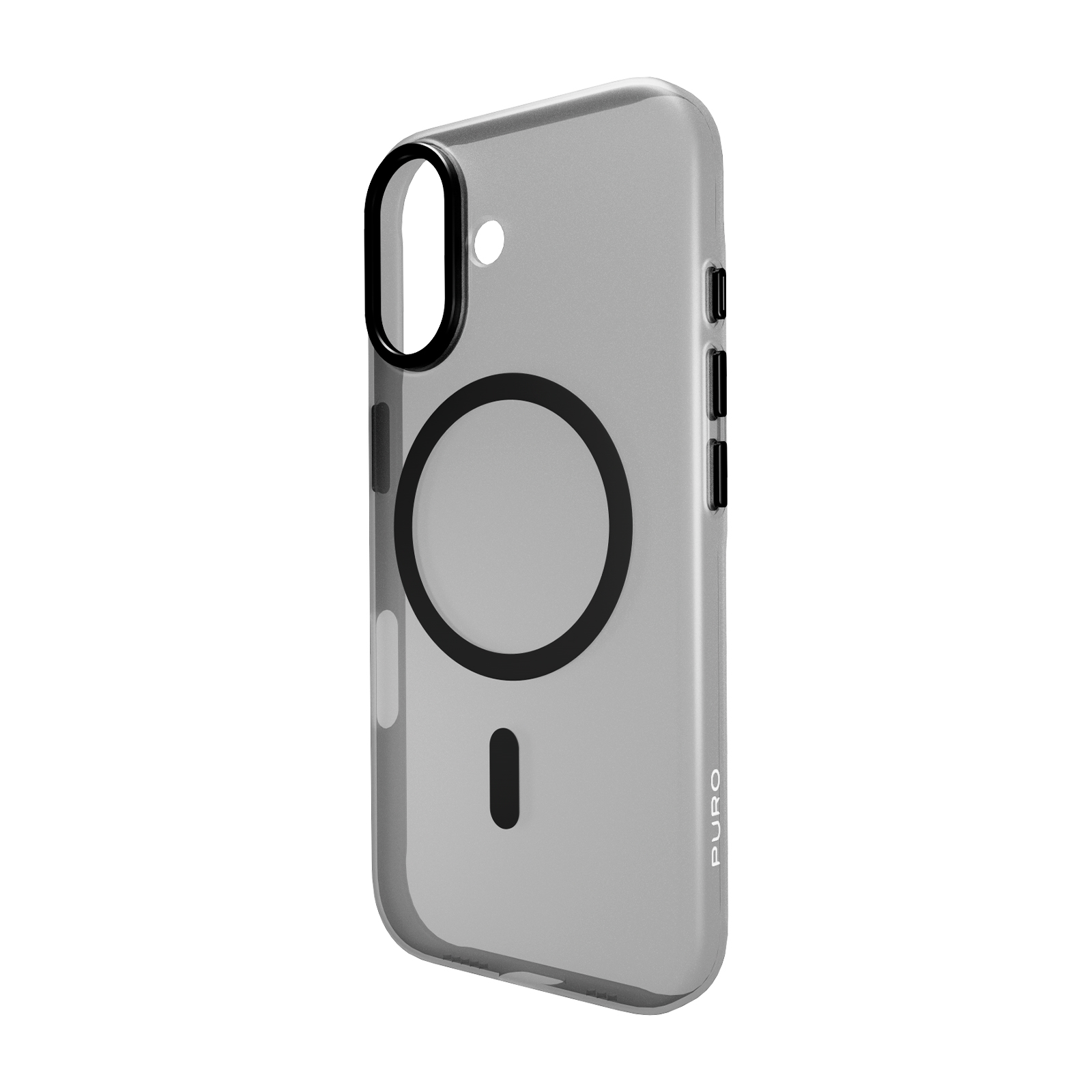 Fundador transparente para teléfono con anillo MagSafe negro y detalles de cámara en fondo blanco.