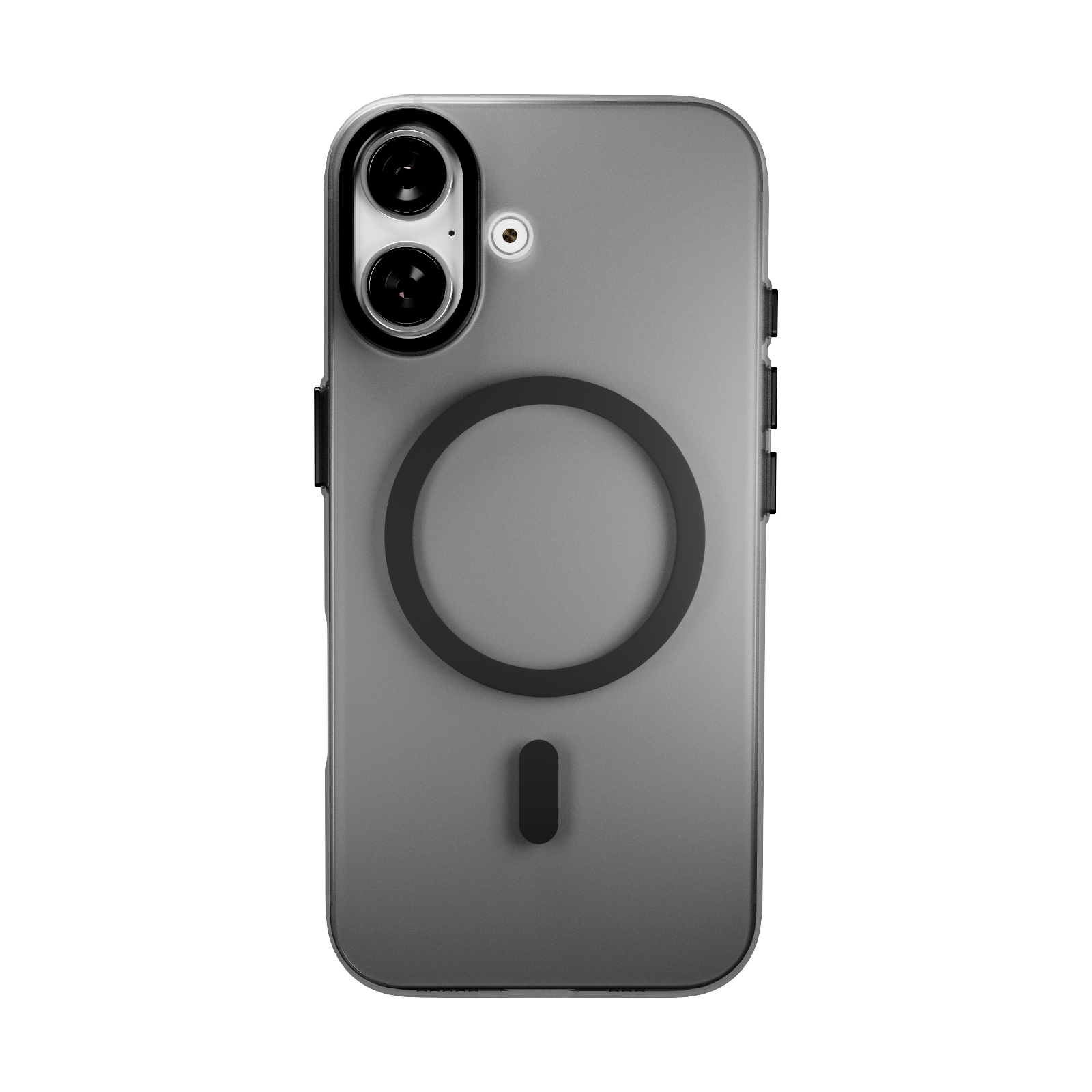 Funda de smartphone gris con doble cámara vertical, anillo MagSafe negro y fondo blanco.