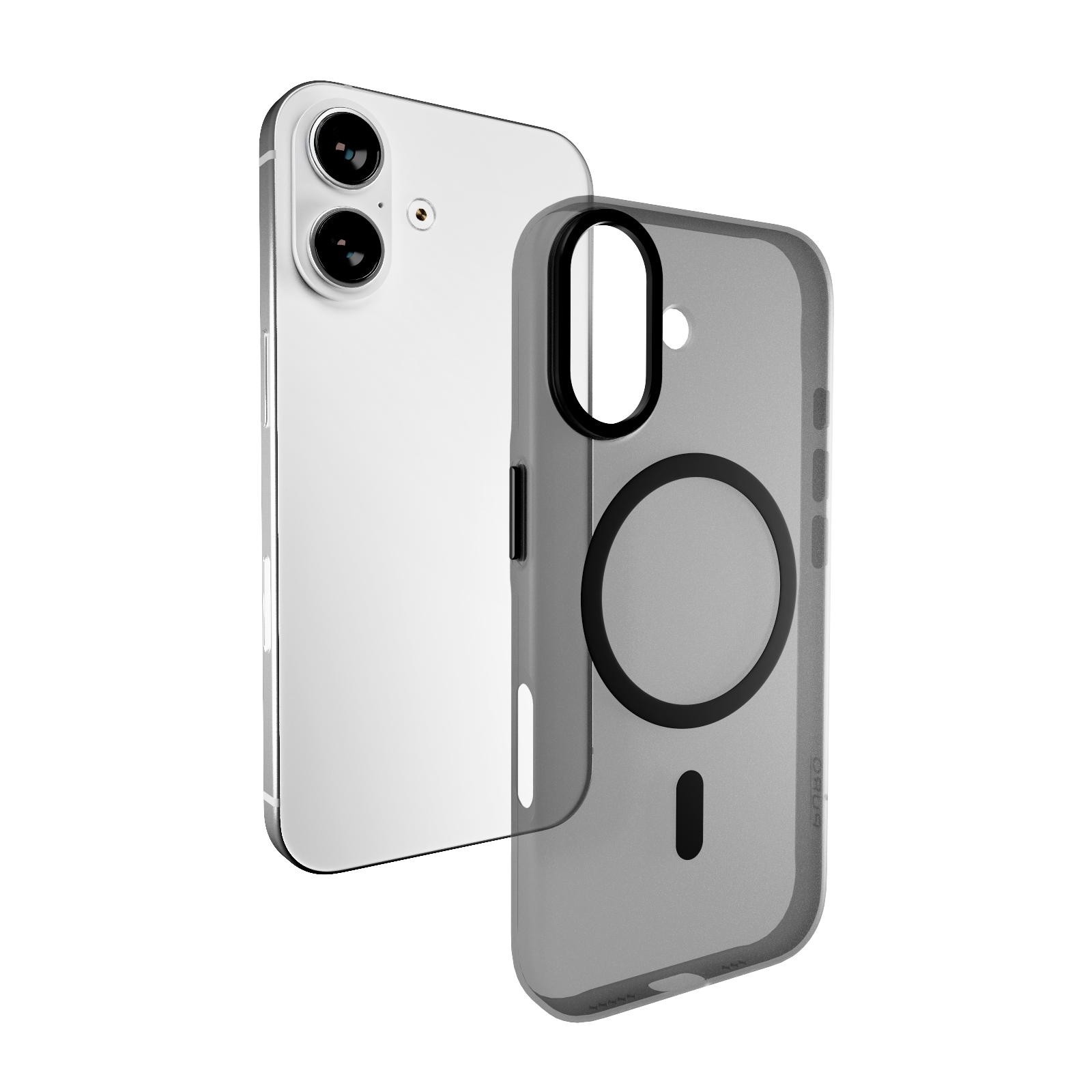 Un teléfono blanco junto a una funda protectora gris translúcida con un anillo magnético negro y recorte para la cámara.