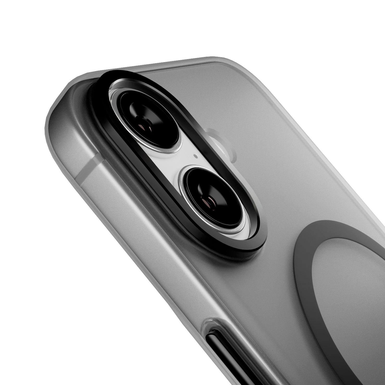 Primer plano de la parte trasera de un smartphone, con cámara de doble lente y anillo de carga magnético.