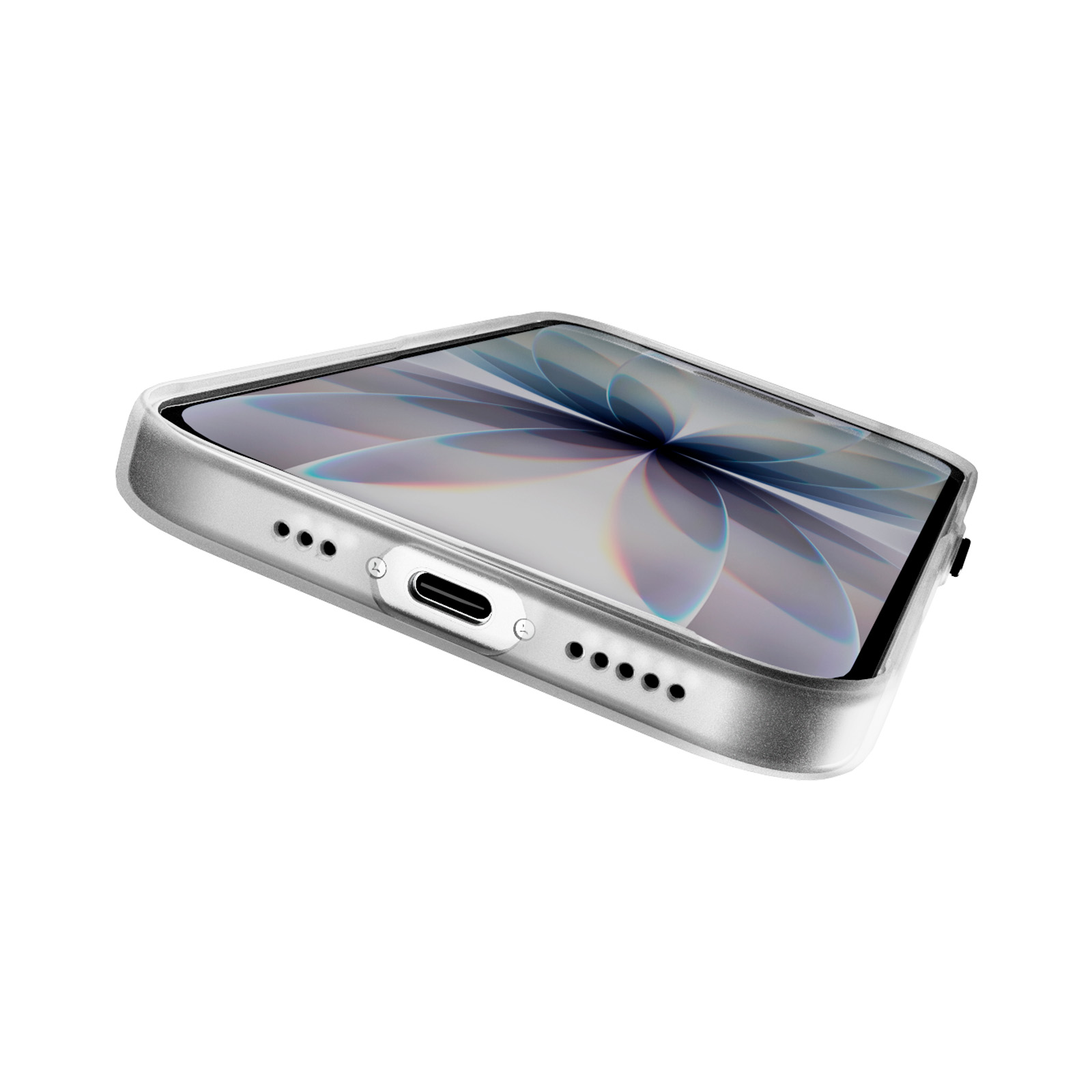 Vista inferior de un smartphone con funda, mostrando el puerto USB-C, rejillas de altavoz y fondo de pantalla abstracto.