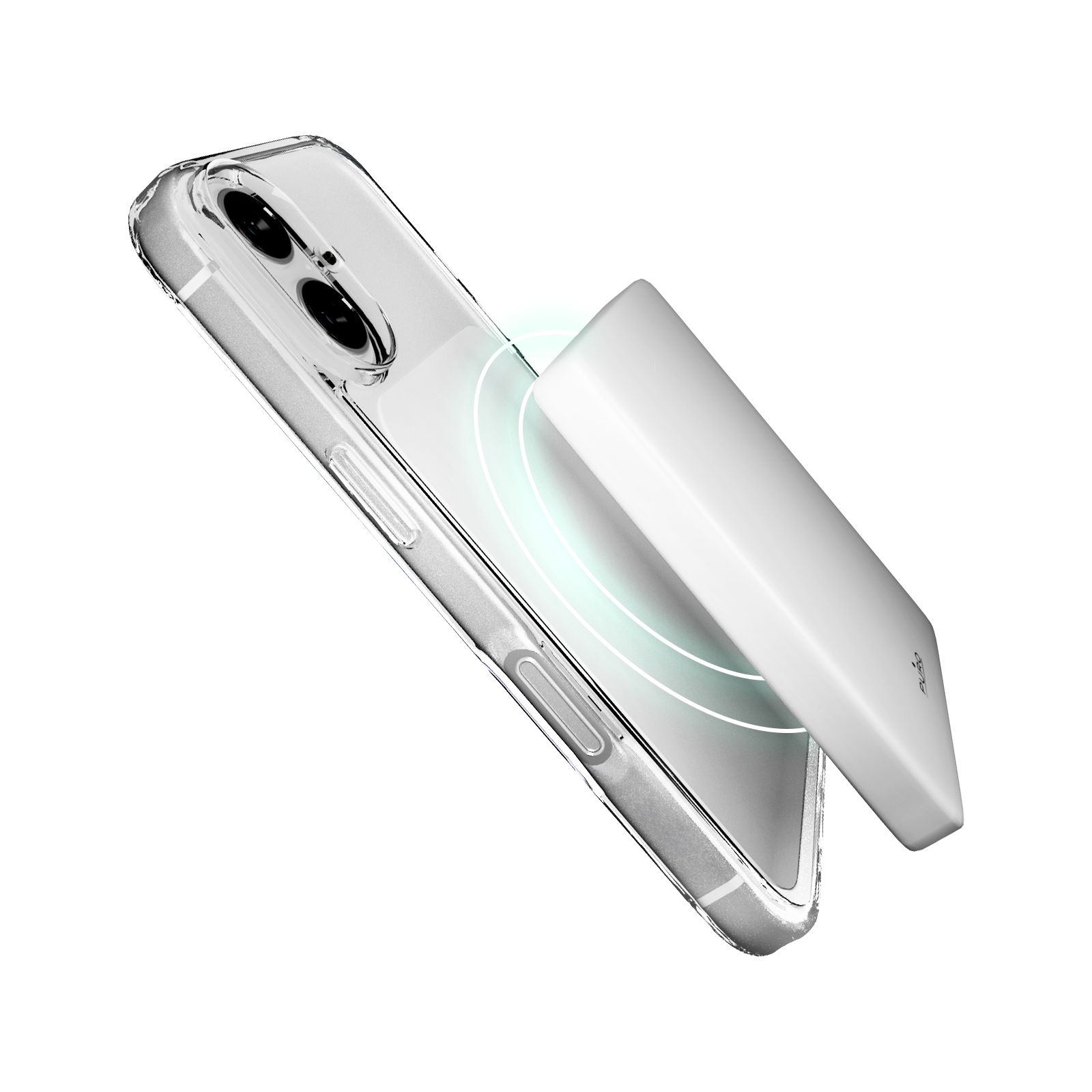 Un smartphone en funda transparente con una batería externa inalámbrica adherida magnéticamente a la parte trasera.