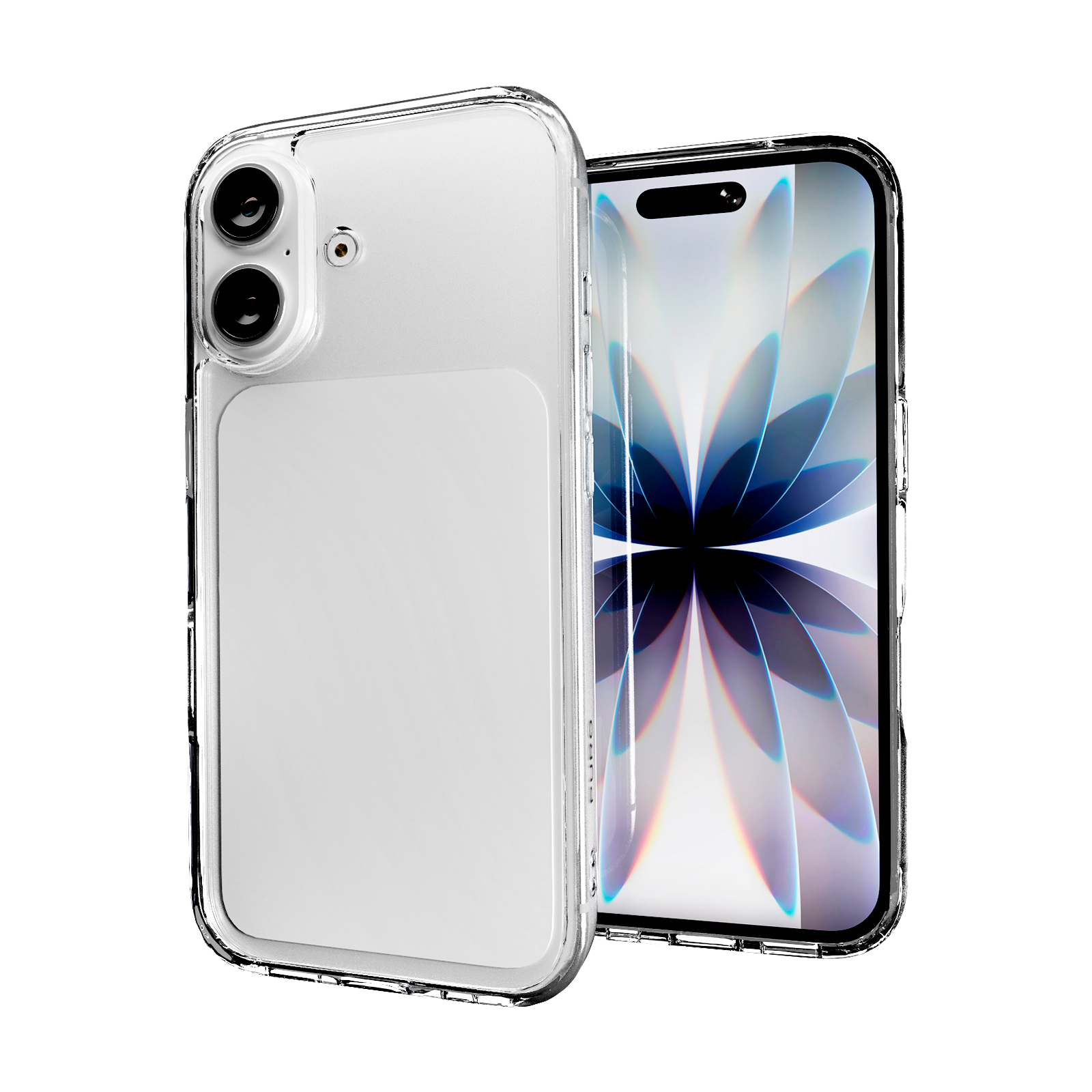 Un teléfono inteligente en una funda protectora transparente, vistas delantera y trasera sobre fondo blanco.