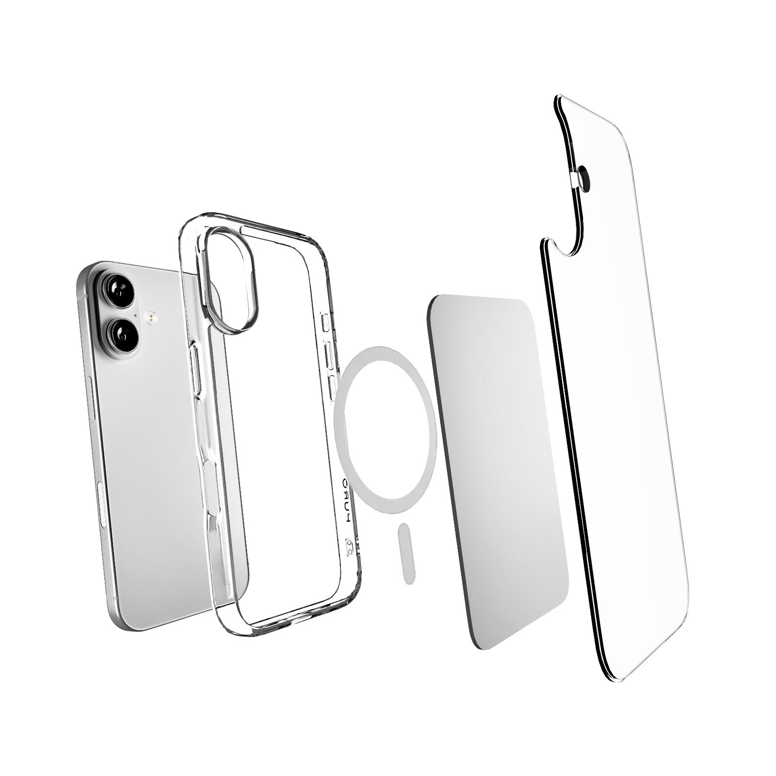 Vista explosionada de una funda de móvil con smartphone, carcasa transparente, anillo magnético y protector.