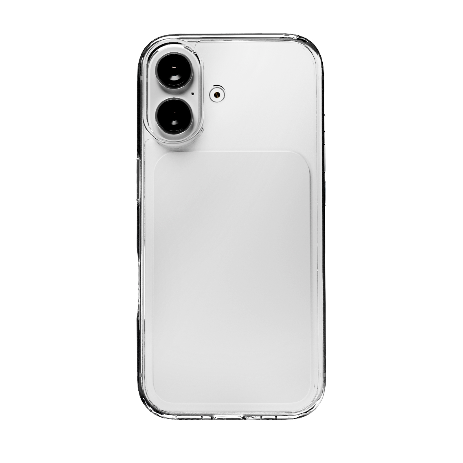 Un teléfono inteligente en una funda protectora transparente muestra la cámara dual trasera sobre fondo blanco.