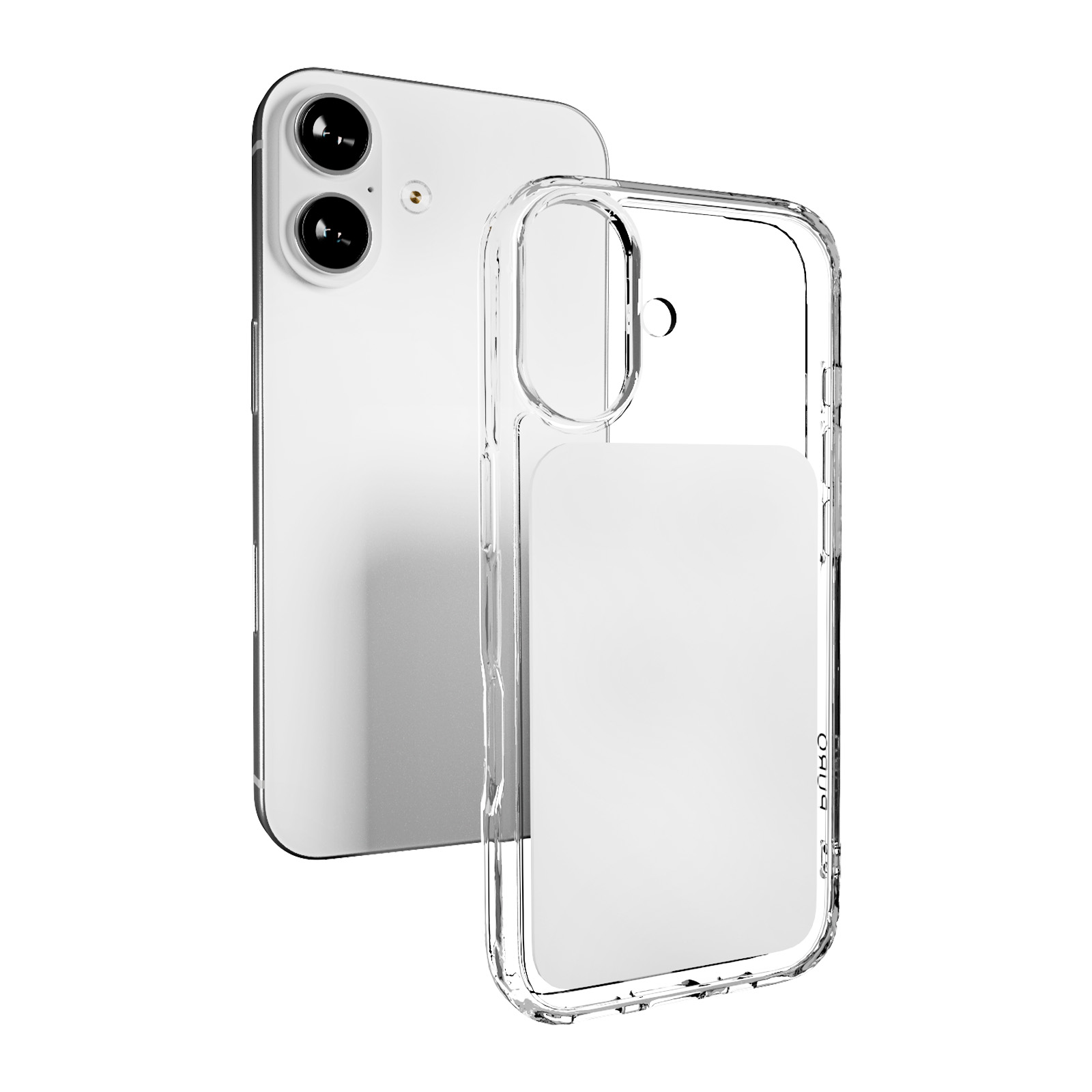 Un smartphone blanco junto a una funda protectora transparente con tarjetero sobre fondo blanco.