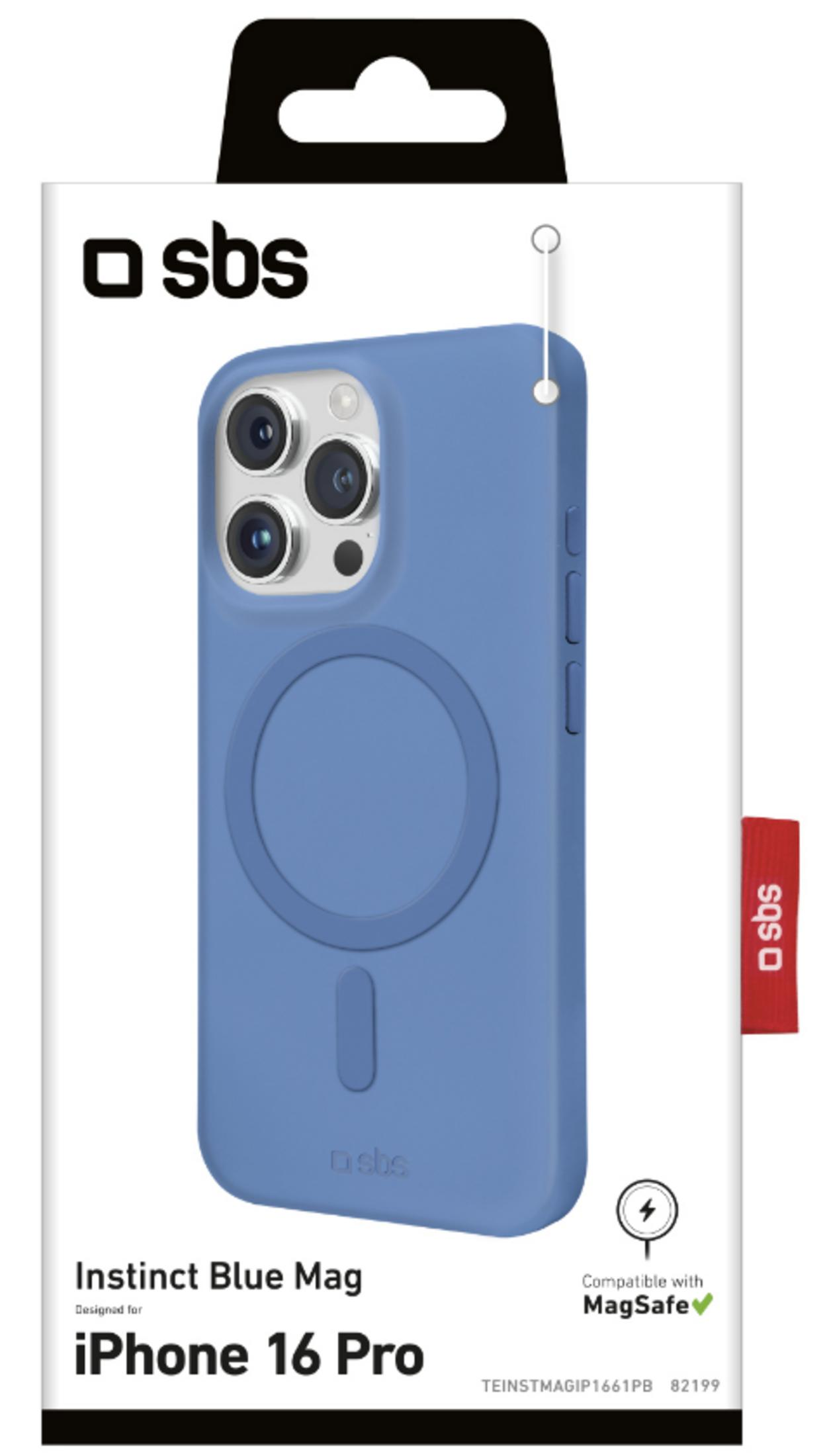 Funda MagSafe azul empaquetada de sbs para iPhone 16 Pro, fondo blanco.