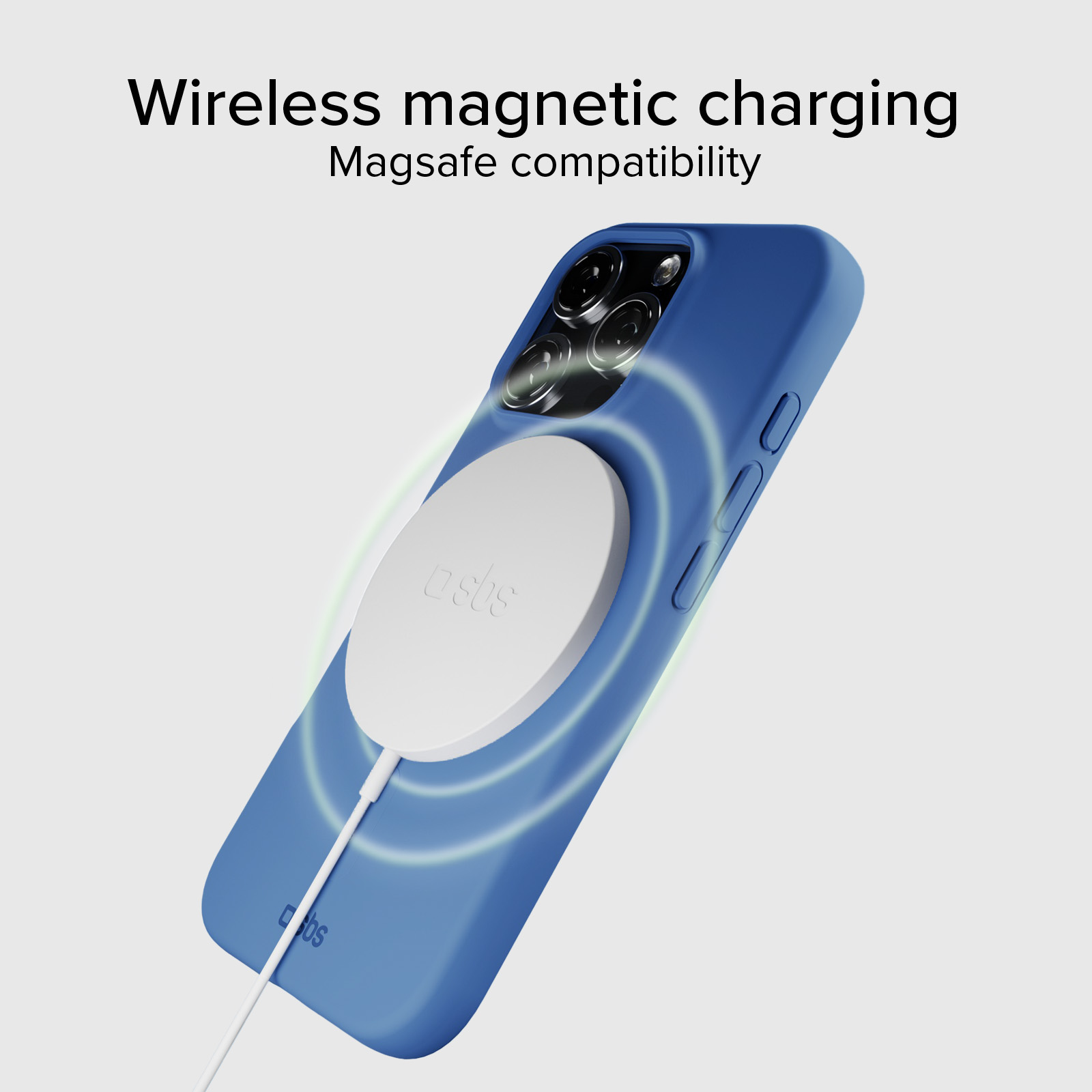 Un teléfono azul en una funda con un cargador inalámbrico magnético blanco en la parte posterior.