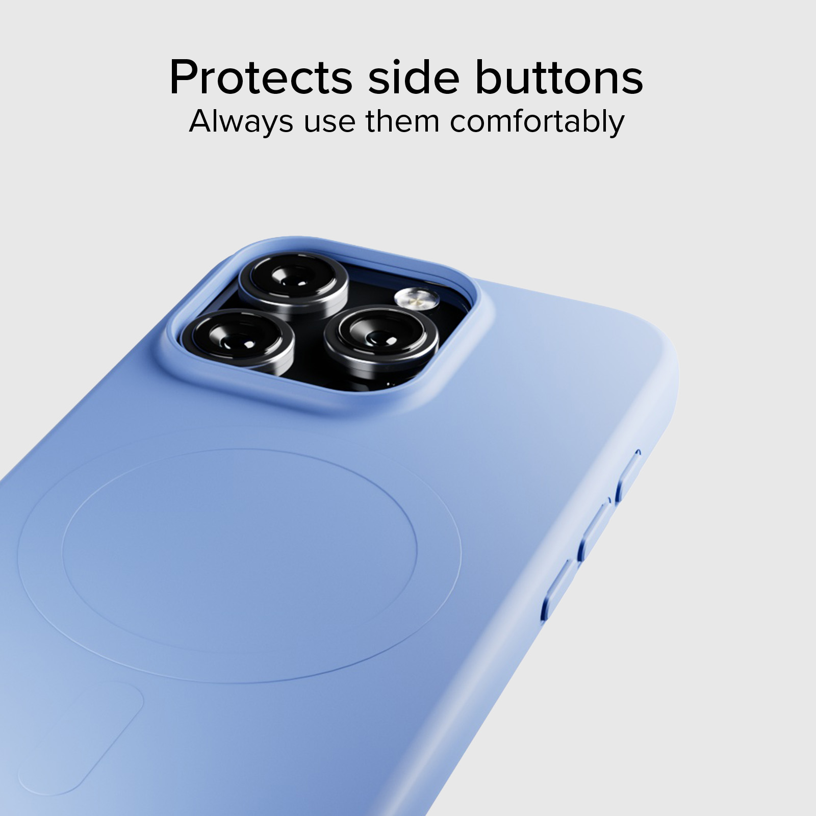 Funda de teléfono azul con anillo MagSafe, recorte de cámara y botones laterales sobre fondo gris claro.