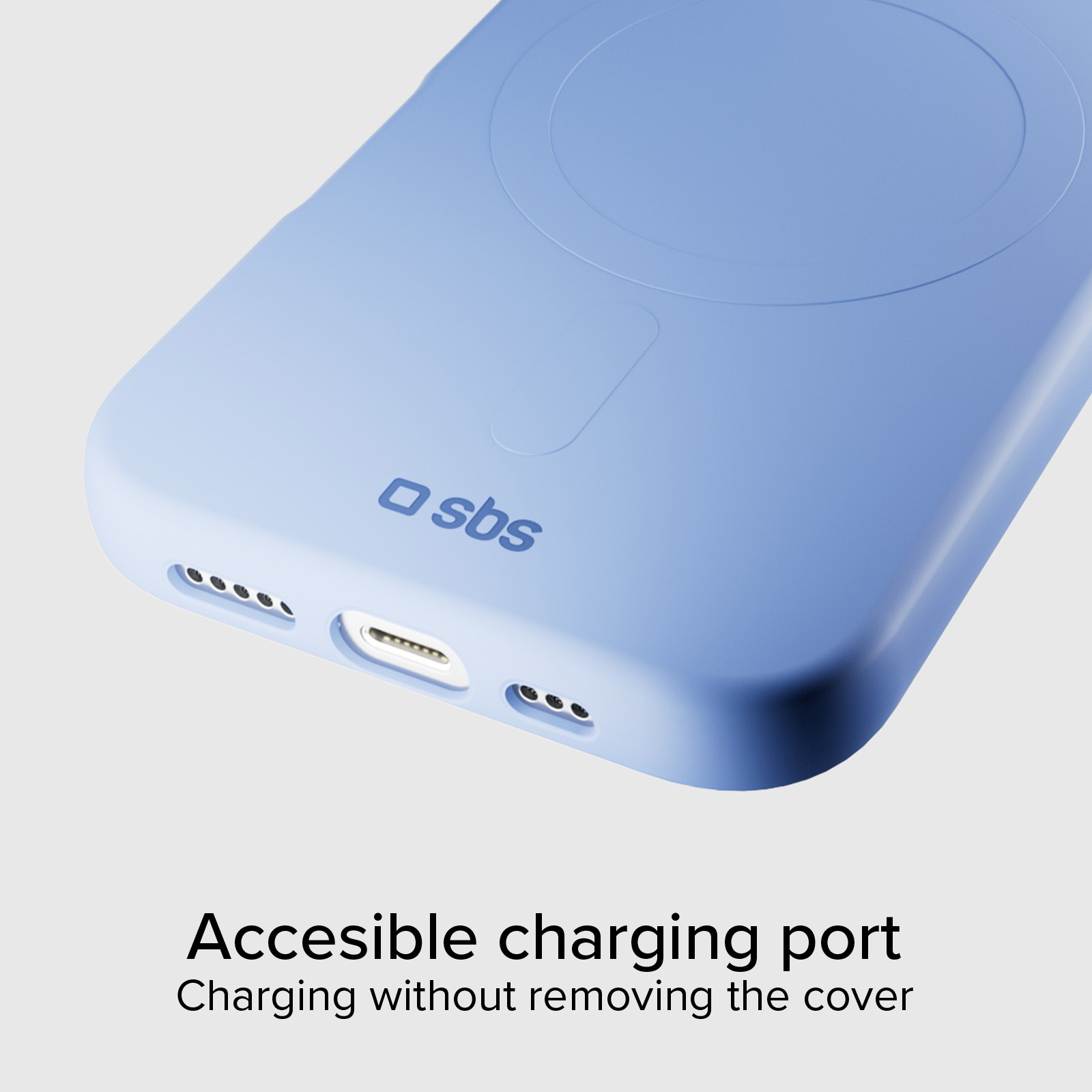 Funda de móvil azul con puerto de carga accesible y logo de sbs.