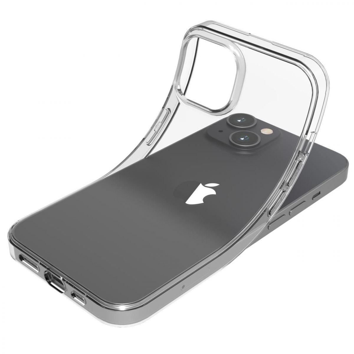 Una funda protectora transparente se coloca sobre un smartphone negro con el logotipo de Apple.