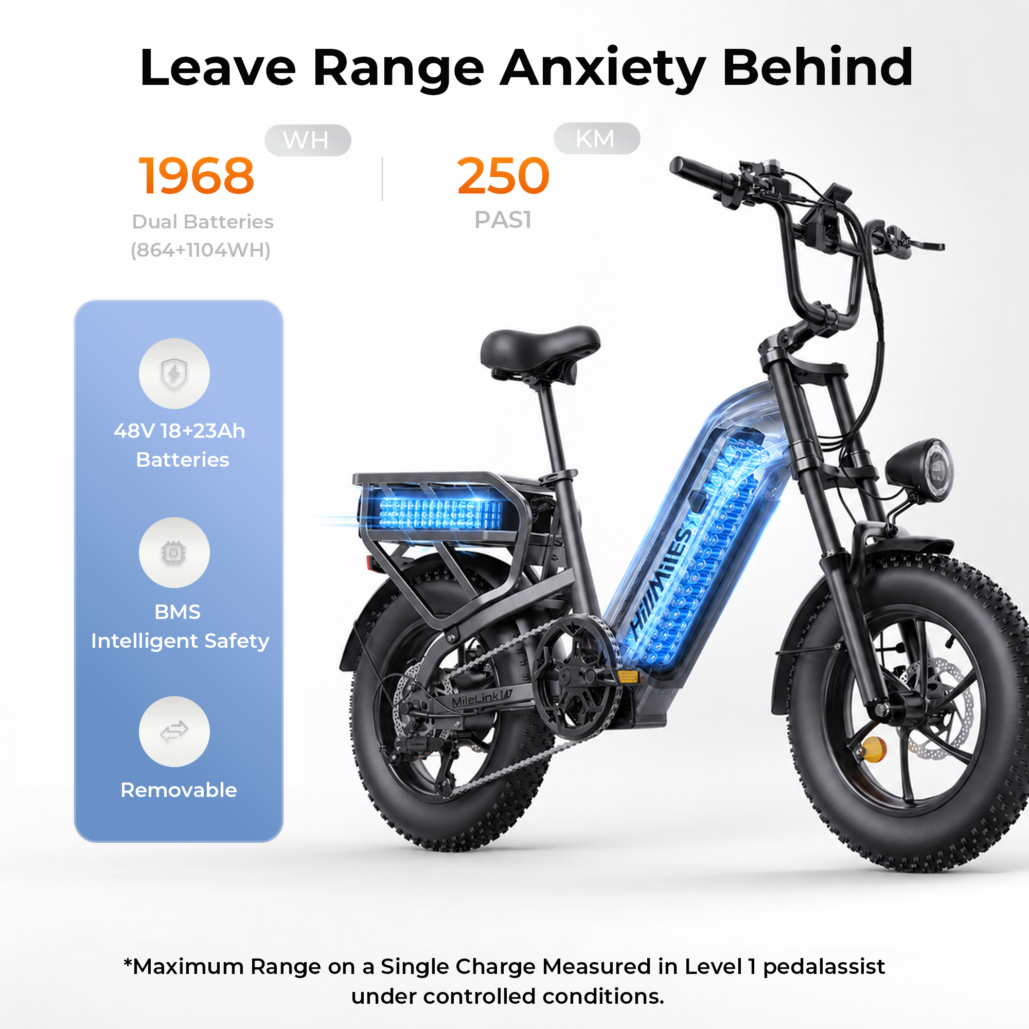 Schwarzes E-Bike mit Dual-Akku, blau leuchtenden Zellen und Infografik über Reichweite und Batteriedetails.