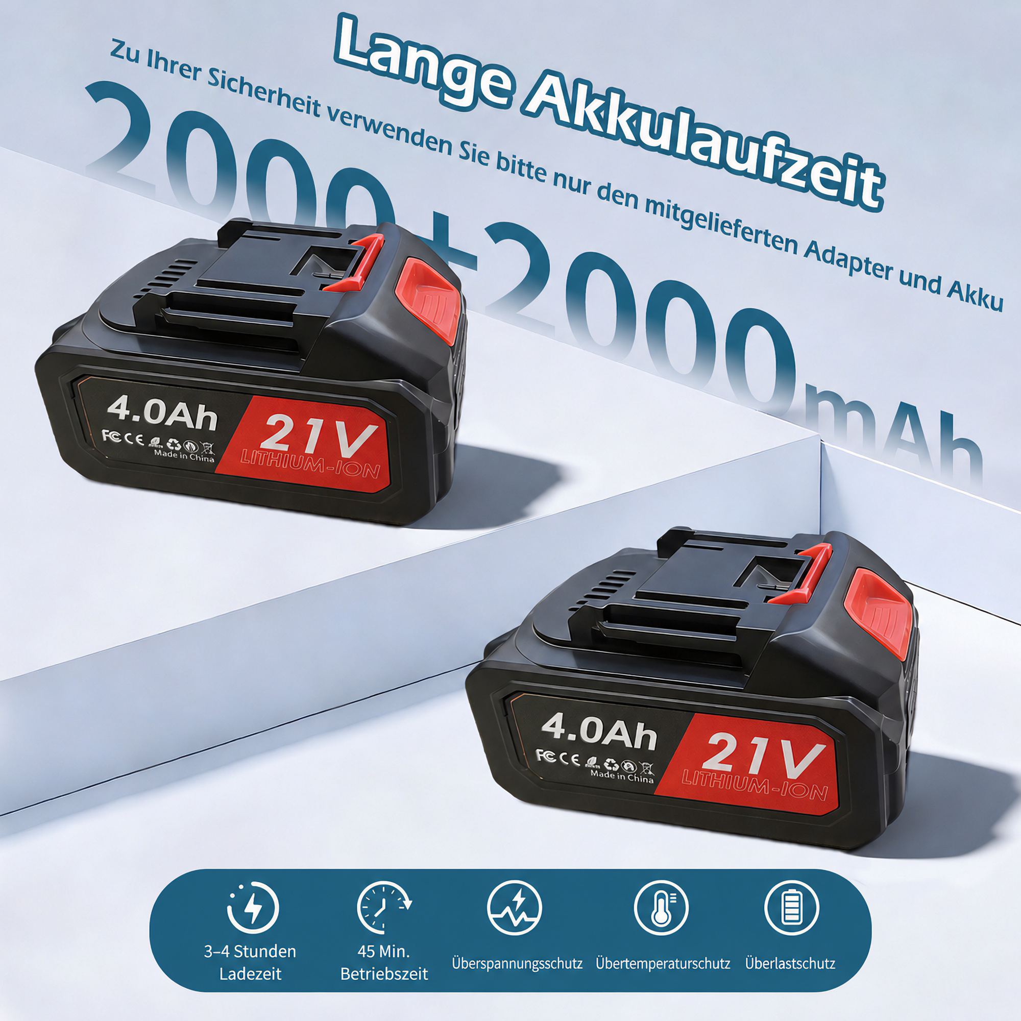 Zwei schwarze 21V Lithium-Ionen-Akkus mit 4.0Ah auf einer weißen Oberfläche und deutschem Werbetext.