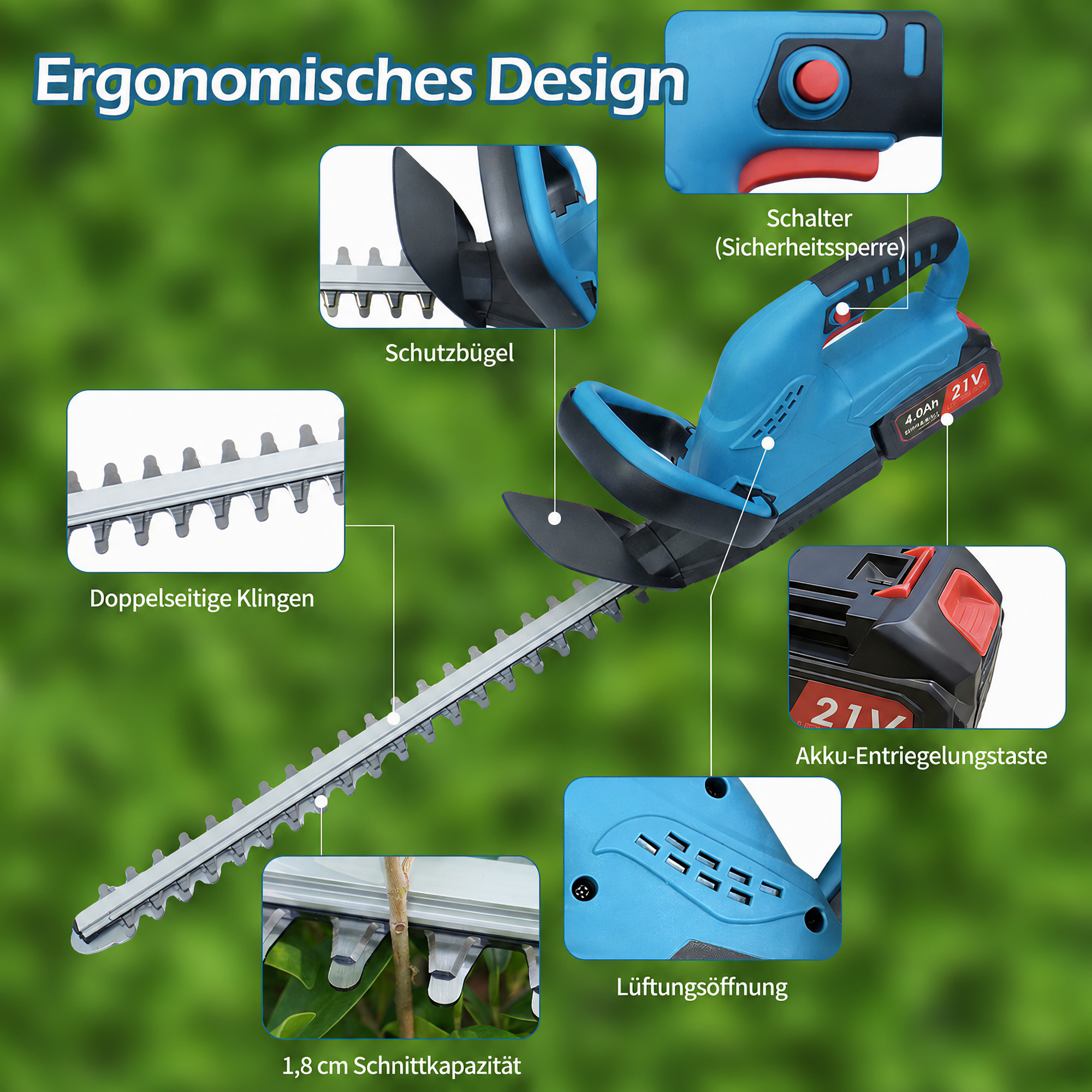 Blaue Akku-Heckenschere mit Detailaufnahmen von Klingen, Schalter, Akku, Lüftung und Schutzbügel vor grünem Hintergrund.