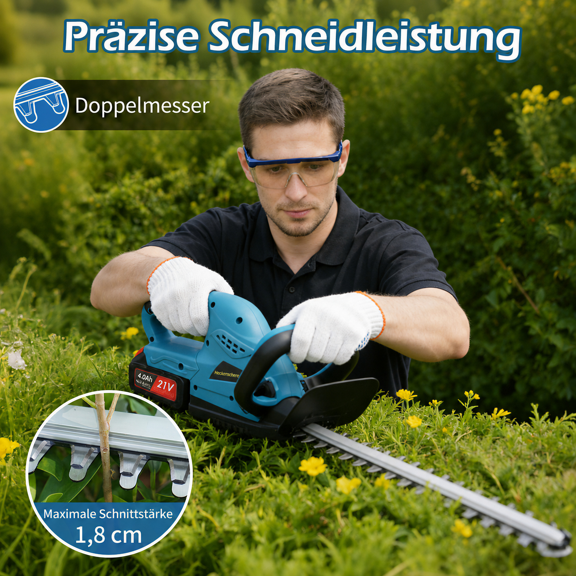 Ein Mann mit Schutzbrille und weißen Handschuhen bedient eine blaue Heckenschere im Garten.