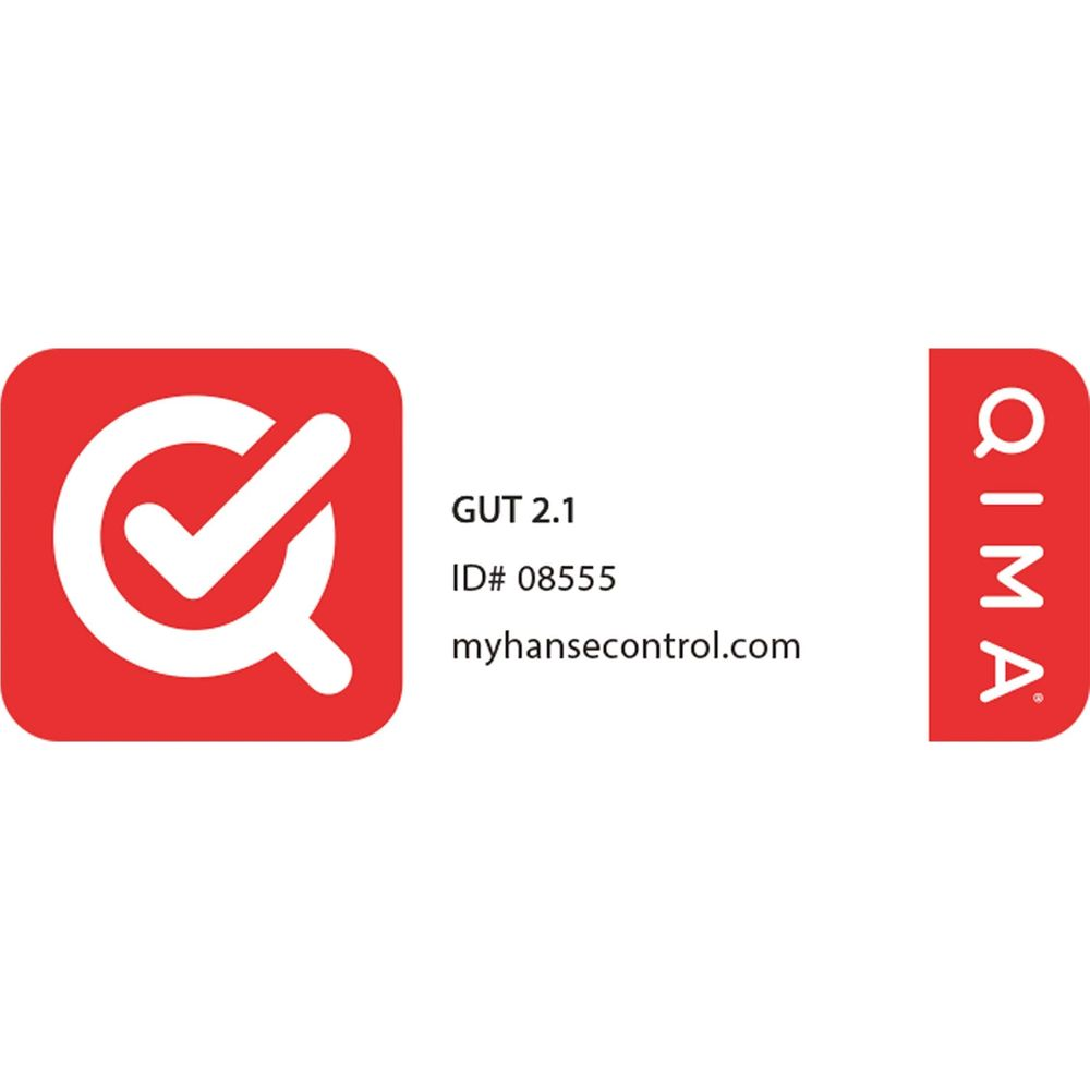 Rotes Icon mit Häkchen, Text GUT 2.1, ID 08555, myhansecontrol.com und rotem QIMA-Tag auf weißem Hintergrund.