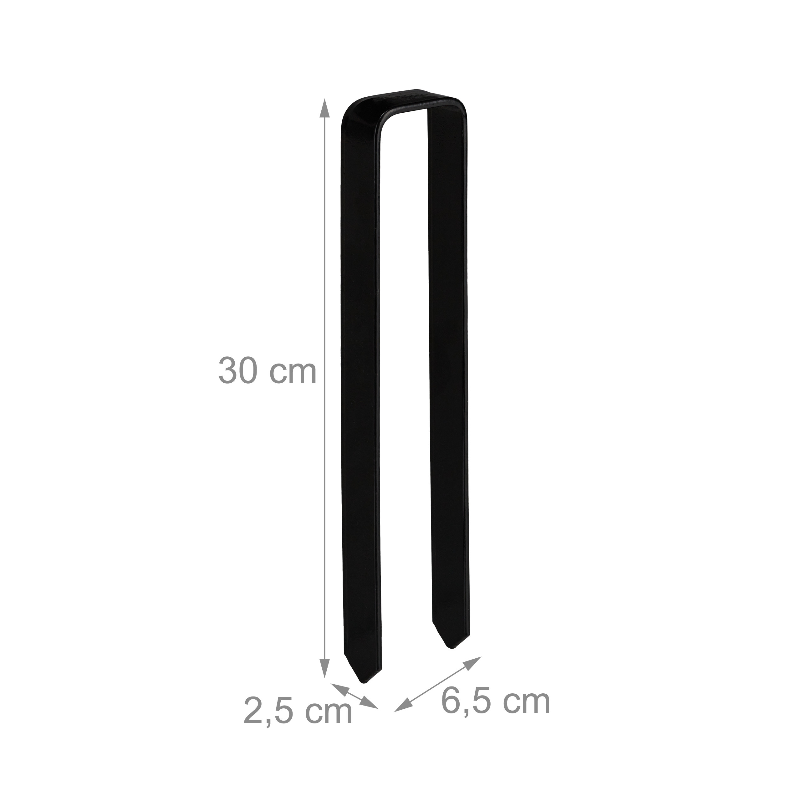 Schwarzer U-förmiger Erdanker mit Maßen von 30x6,5x2,5 cm auf weißem Hintergrund.