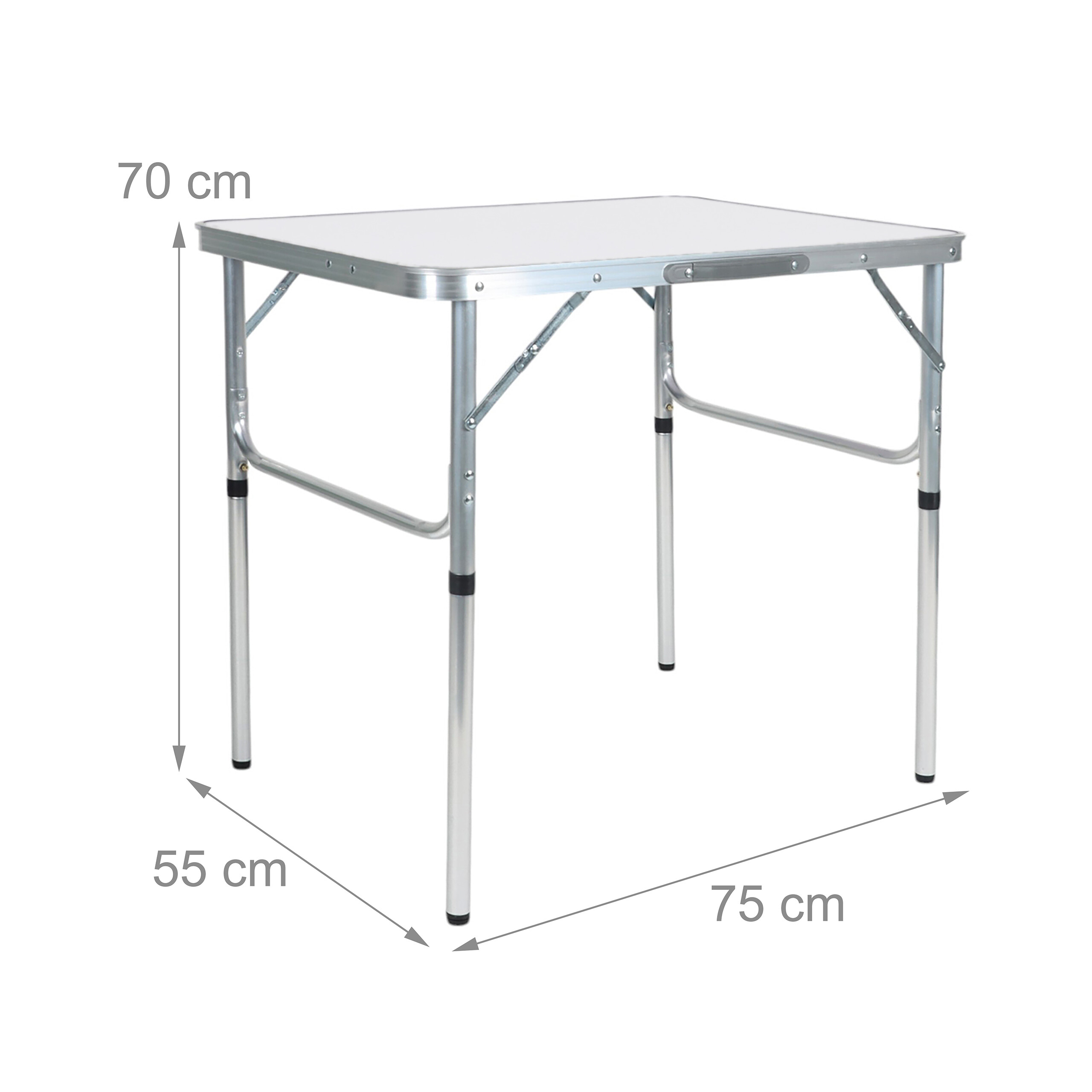 Klappbarer Campingtisch mit Alugestell, weißer Platte und Maßangaben von 75 cm Breite, 55 cm Tiefe und 70 cm Höhe.