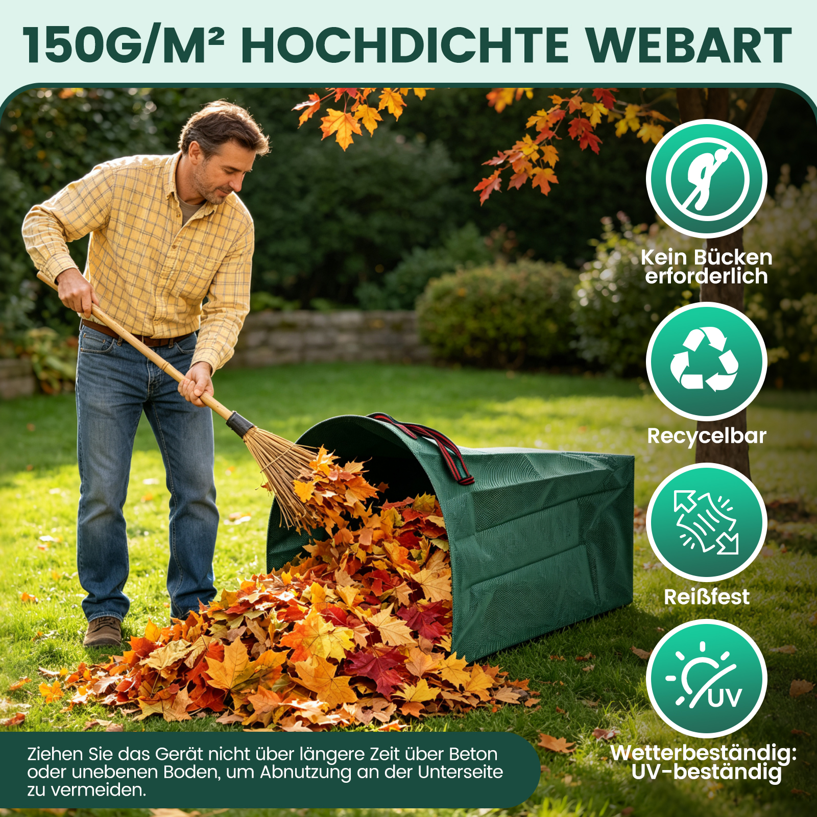Ein Mann swept Herbstlaub in eine große grüne Gartentasche auf dem Rasen, mit Icons auf der rechten Seite.