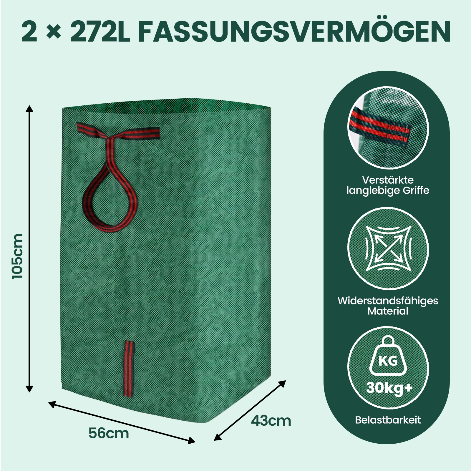 Grüner Gartensack mit Maßen, Griffen und 30kg Belastbarkeit.