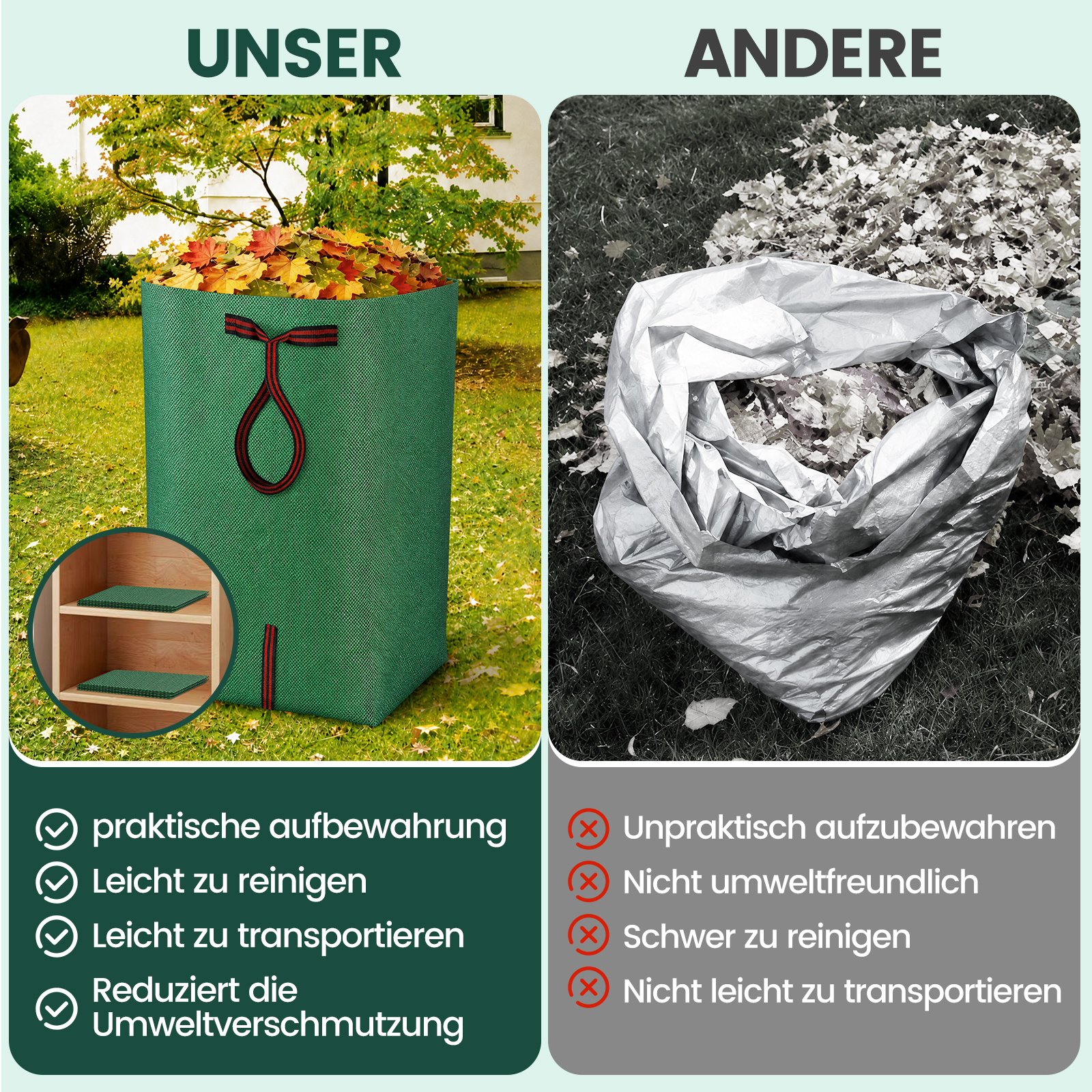 Vergleich zweier Laubsäcke: Ein grüner stabiler Sack im Vergleich zu einem grauen Plastiksack.