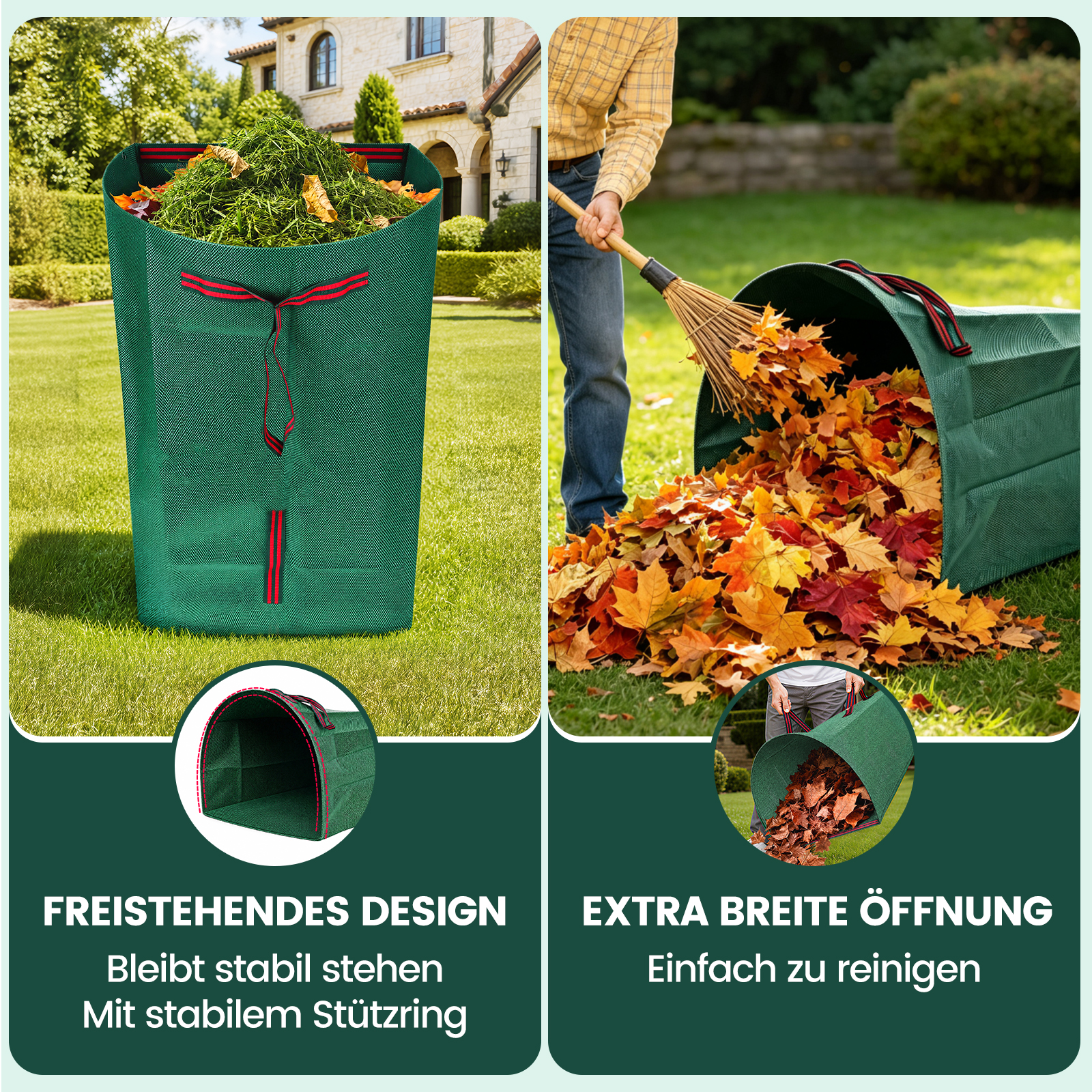 Grüne Gartensäcke mit Laub, freistehendem Design und extragroßer Öffnung zur einfachen Entleerung.