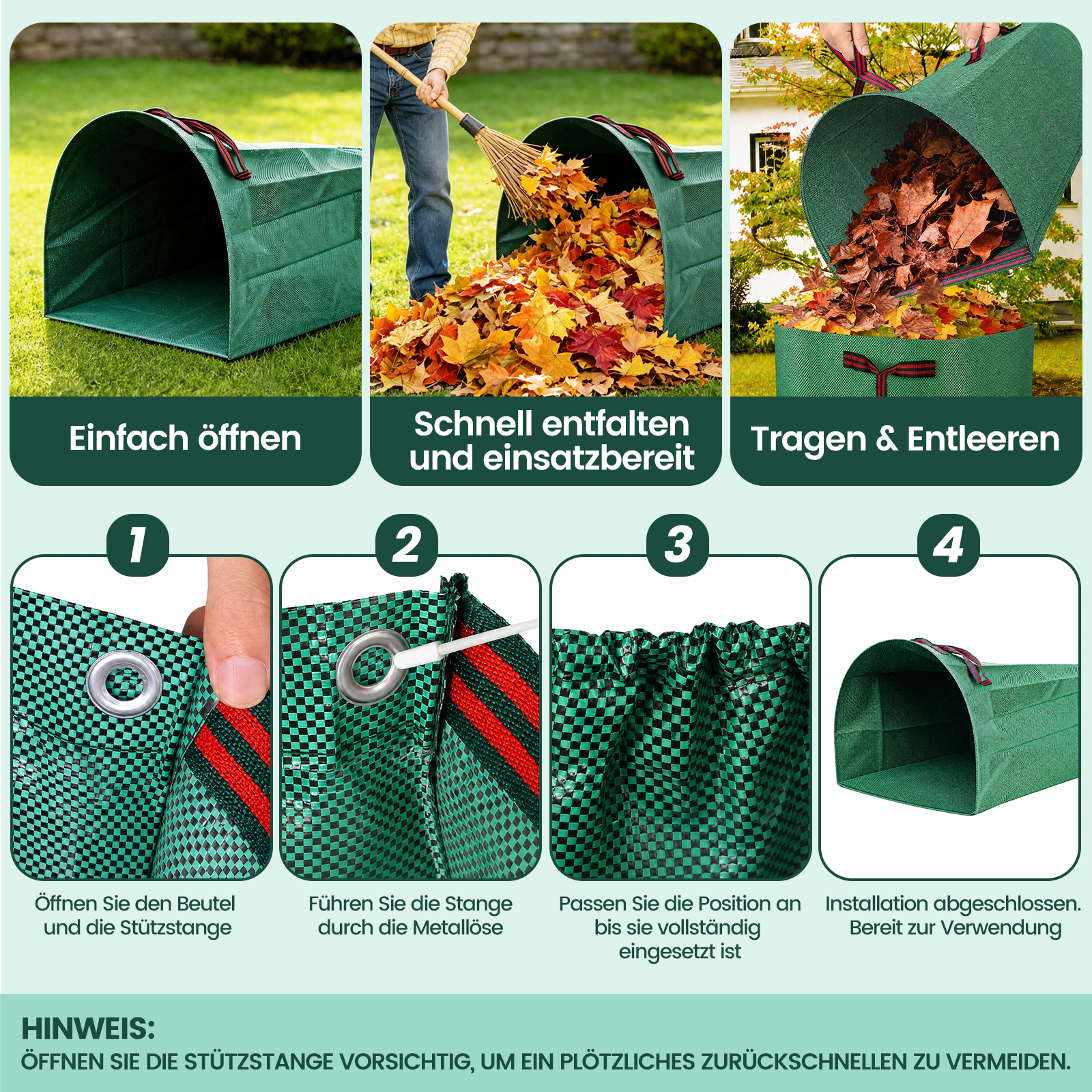 Anleitung zum Öffnen, Aufbauen und Verwenden eines grünen Laubsacks mit Metallstützstangen.