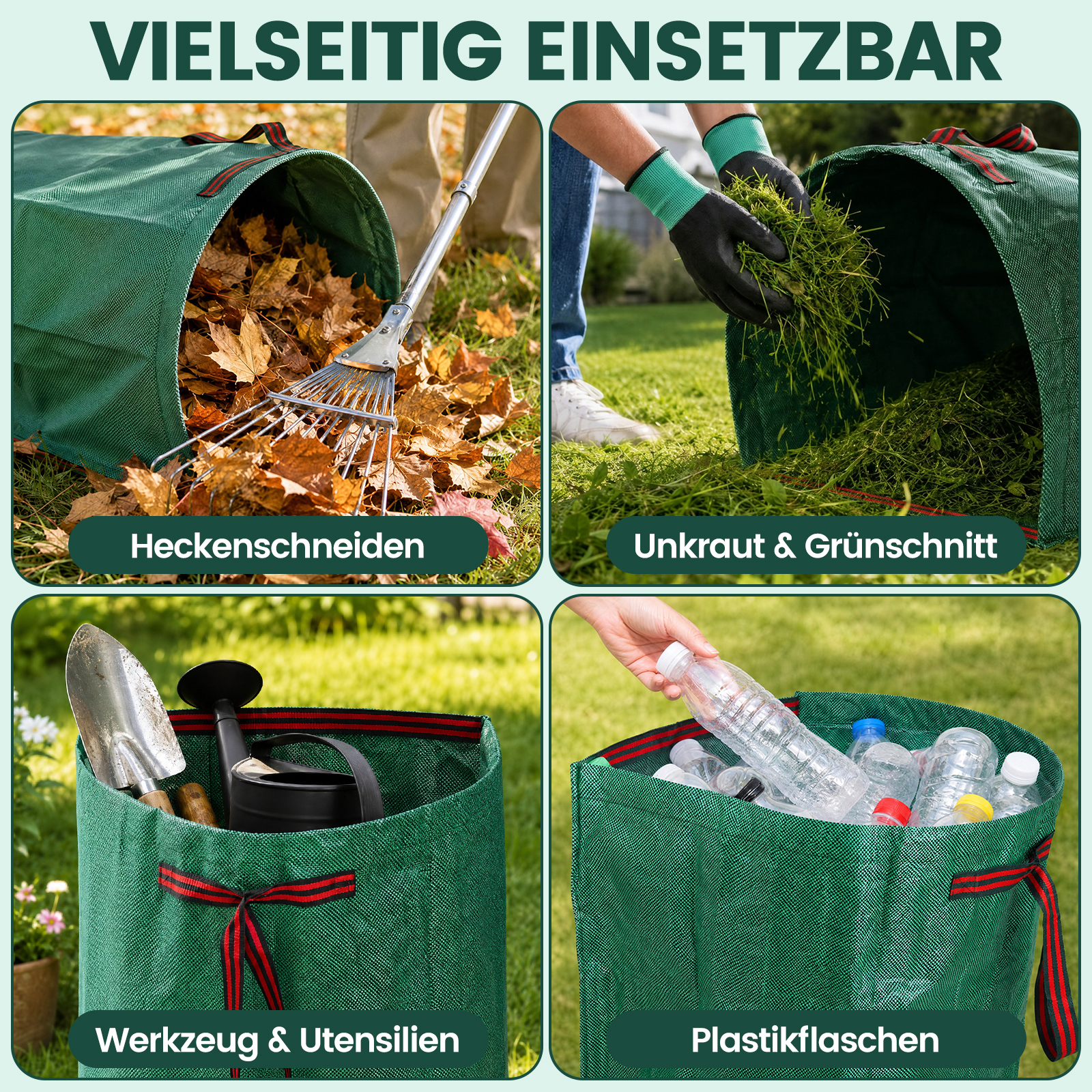 Vier Bilder zeigen einen grünen Gartensack zum Sammeln von Laub, Gras, Werkzeugen und Plastikflaschen.