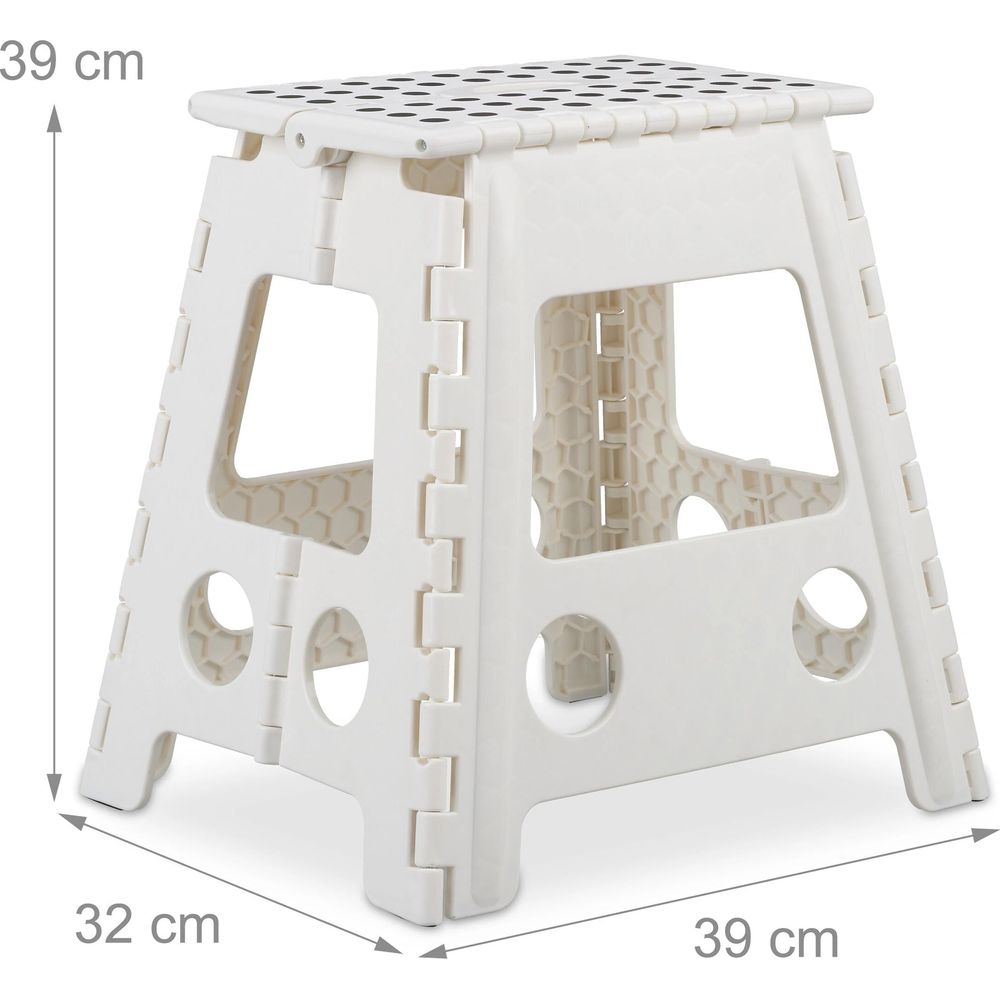 Weißer, klappbarer Hocker mit Maßangaben: 39 cm Höhe, 32 cm Tiefe und 39 cm Breite.