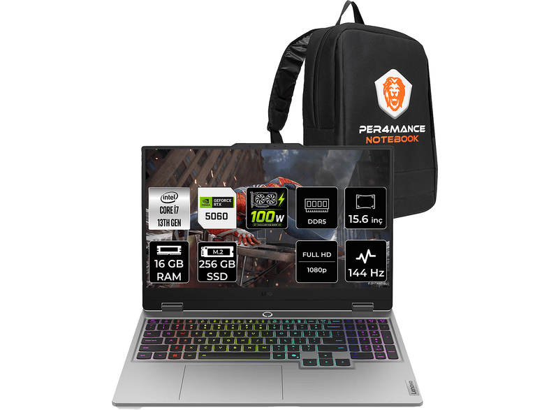 LENOVO LOQ 15IRX10 RTX5060 8GB FHD 83JE01BETRP307 Intel Core i7-13645HX 16 GB RAM 256 GB SSD 15,6 inç FreeDOS Laptop+Çanta Gri