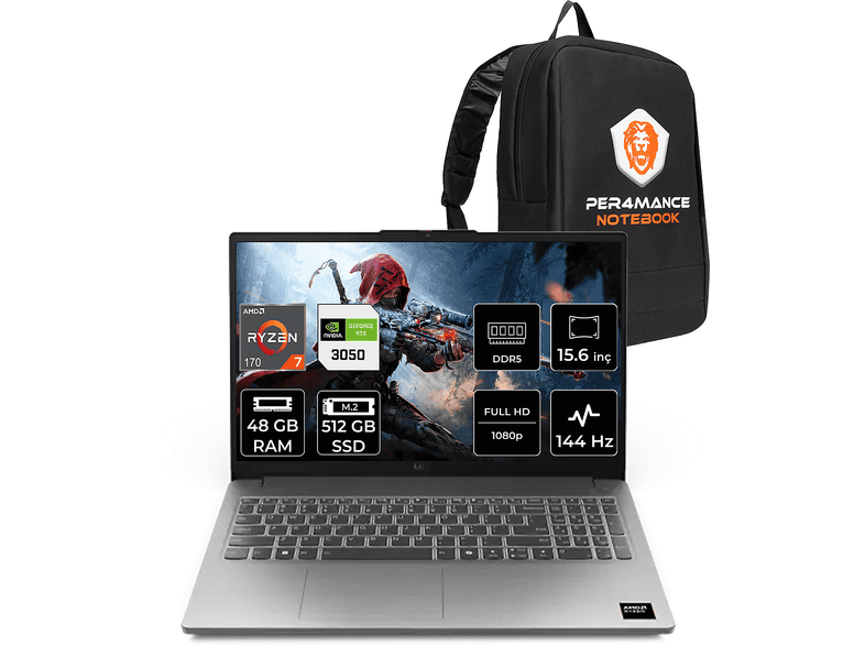 LENOVO LOQ RTX3050 6GB 65W FHD 83S000D9TRP332 AMD Ryzen 7 170 48 GB RAM 512 GB SSD 15,6 inç FreeDOS Laptop+Çanta Gri