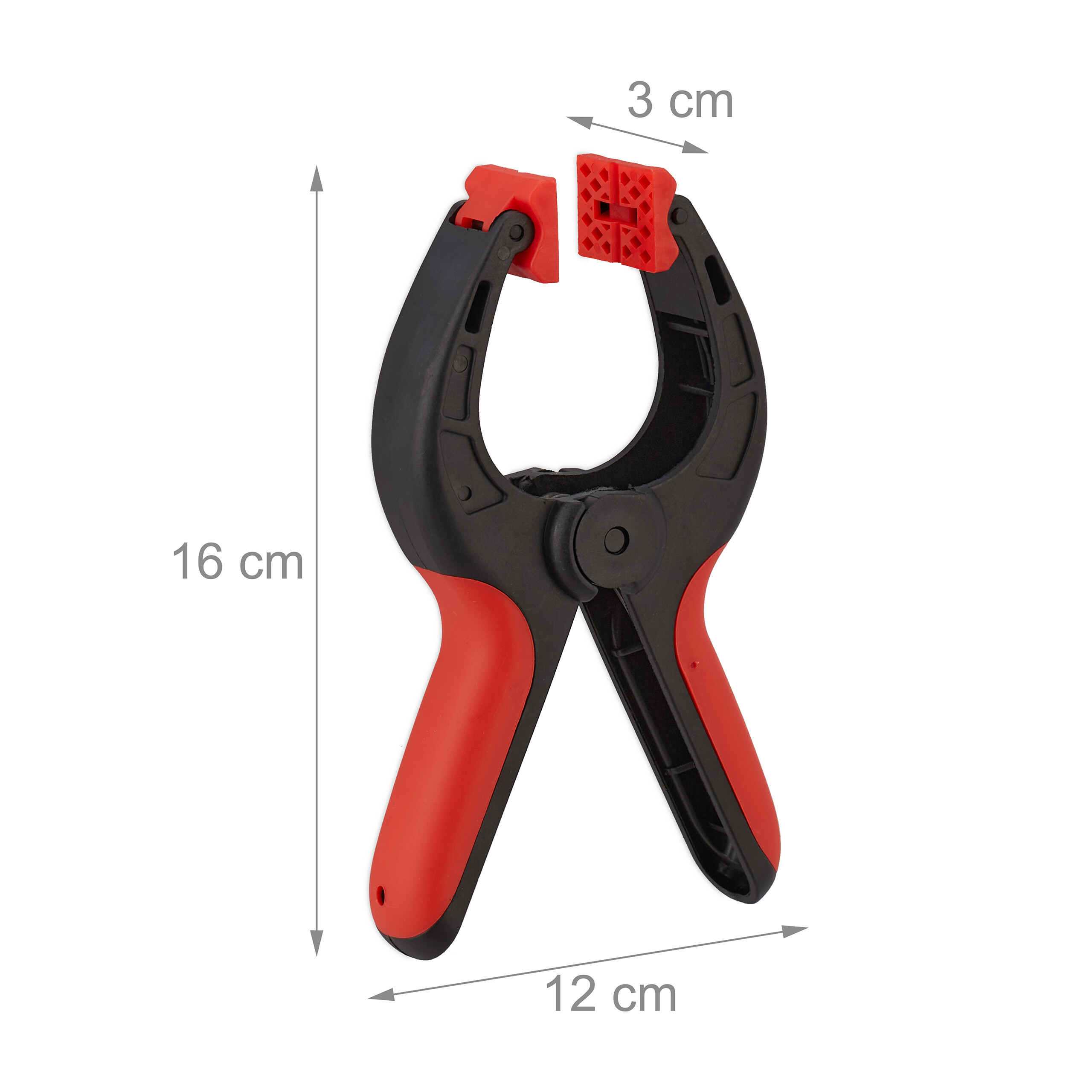 Eine schwarz-rote Federzwinge mit Maßangaben von 16 cm Höhe, 12 cm Breite und 3 cm Öffnung.