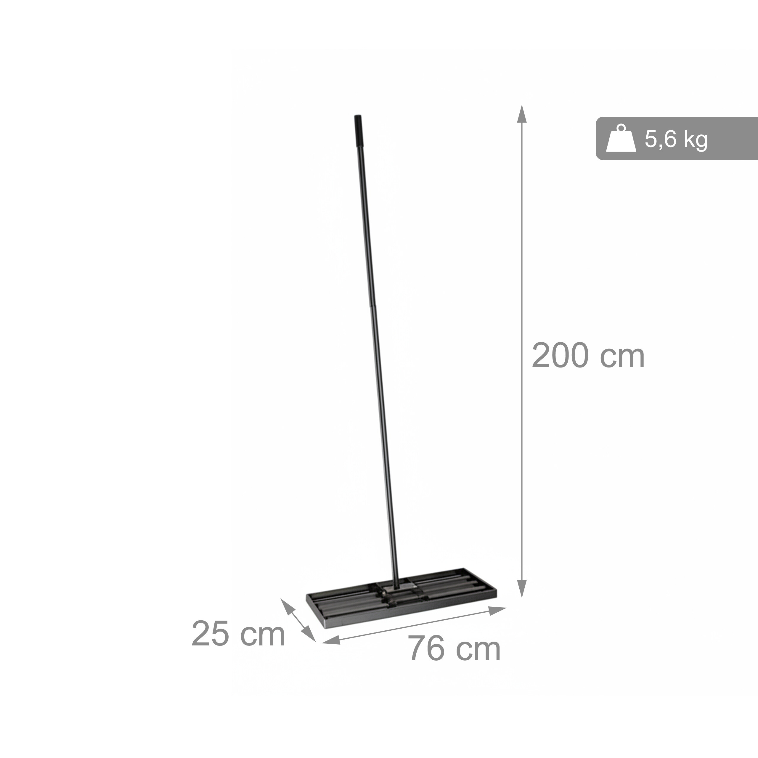 Schwarzes Reinigungsgerät mit Maßen 200x76x25 cm und 5,6 kg Gewicht.