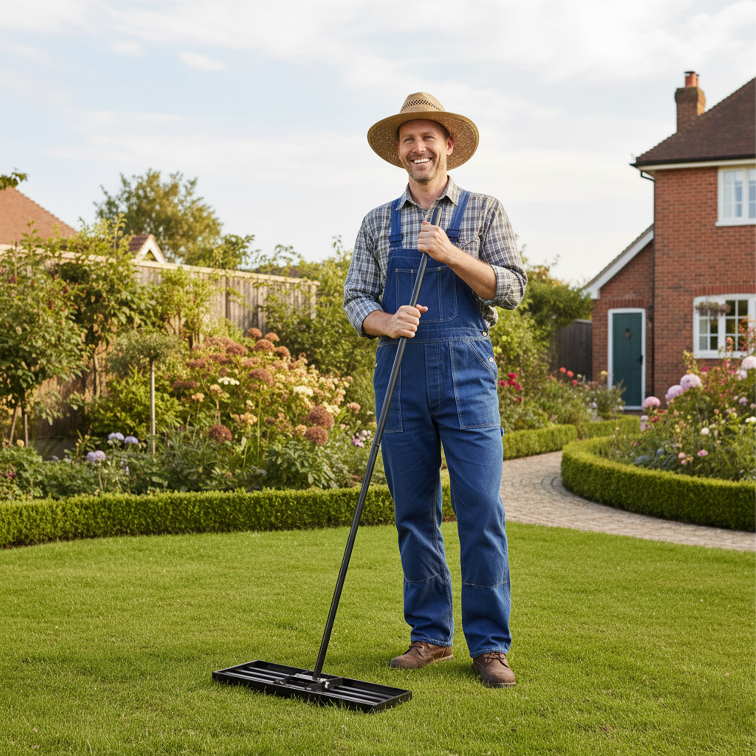 Ein Mann mit Strohhut und blauer Latzhose steht auf einem Rasen im Garten und hält einen Handrasenmäher.