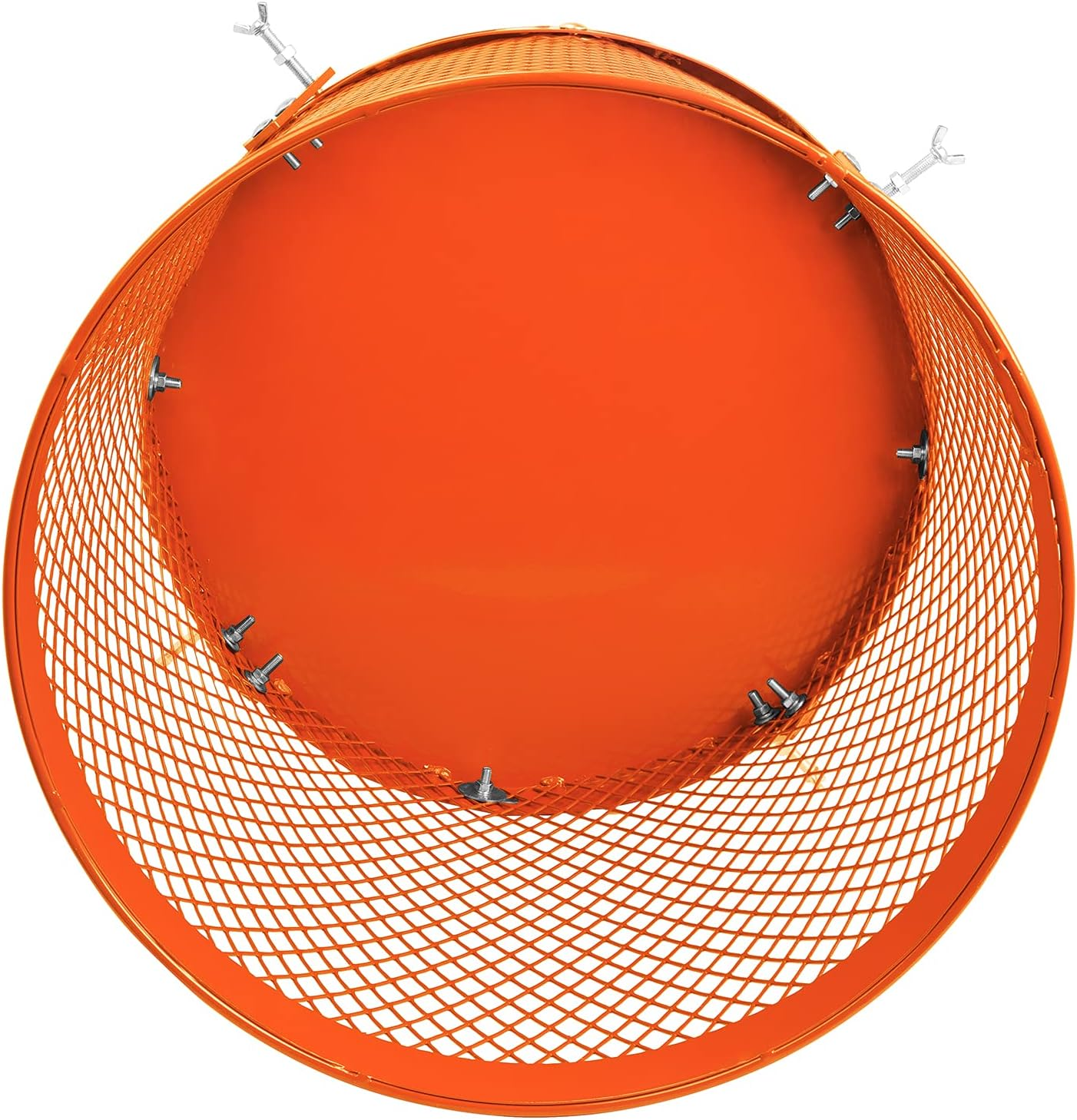 Top-down-Ansicht eines runden, orangefarbenen Metallkorbs mit sichtbaren Schrauben und Gewindestangen auf weißem Hintergrund.