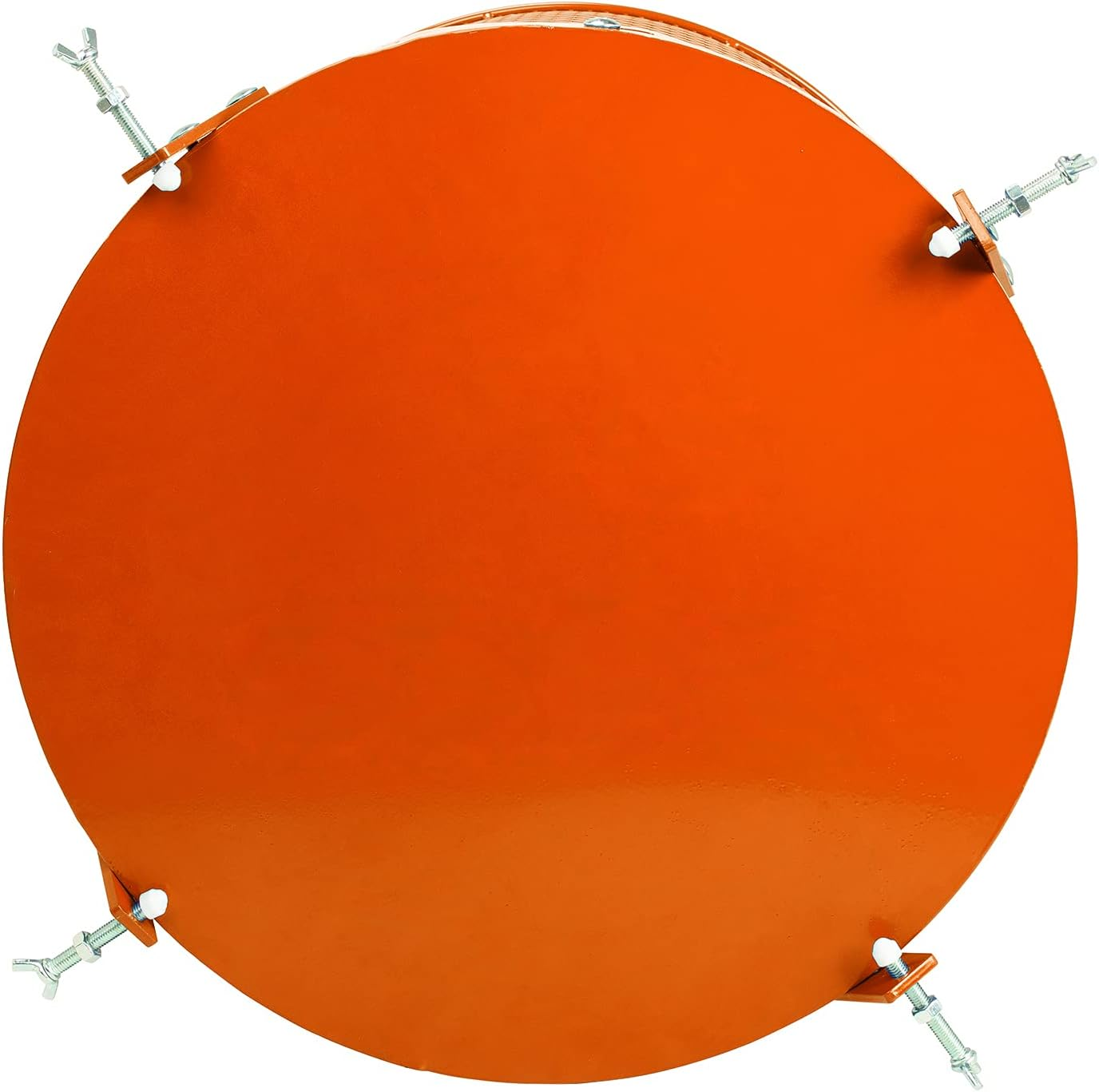 Eine runde orangefarbene Platte mit vier verstellbaren Metallklemmen an den Rändern auf weißem Hintergrund.